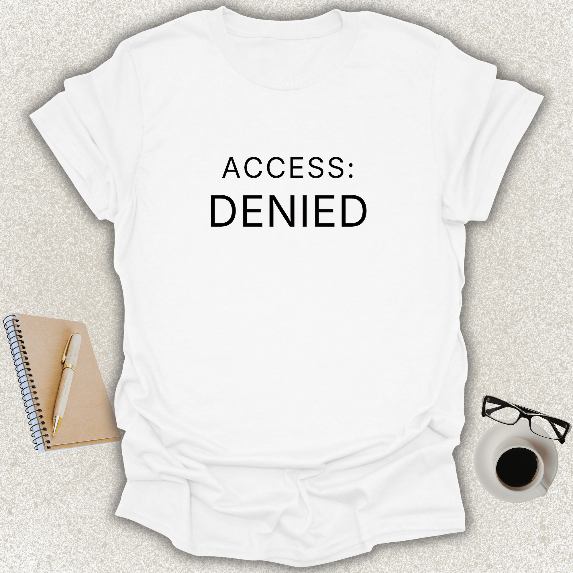 Low Signal white minimalist t-shirt featuring the "ACCESS: DENIED" graphic in modern typography.