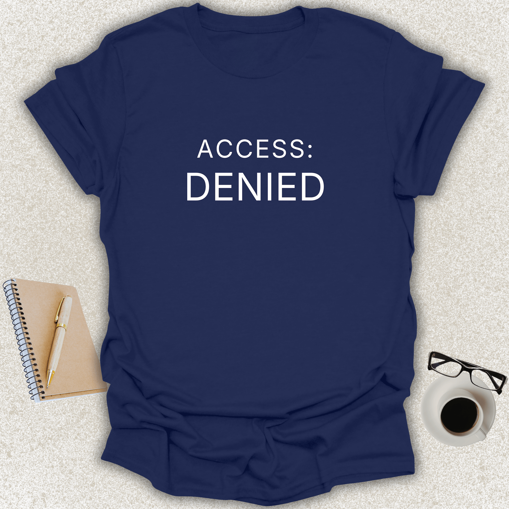 ACCESS DENIED Core minimalist typography t-shirt on navy shirt with white typography