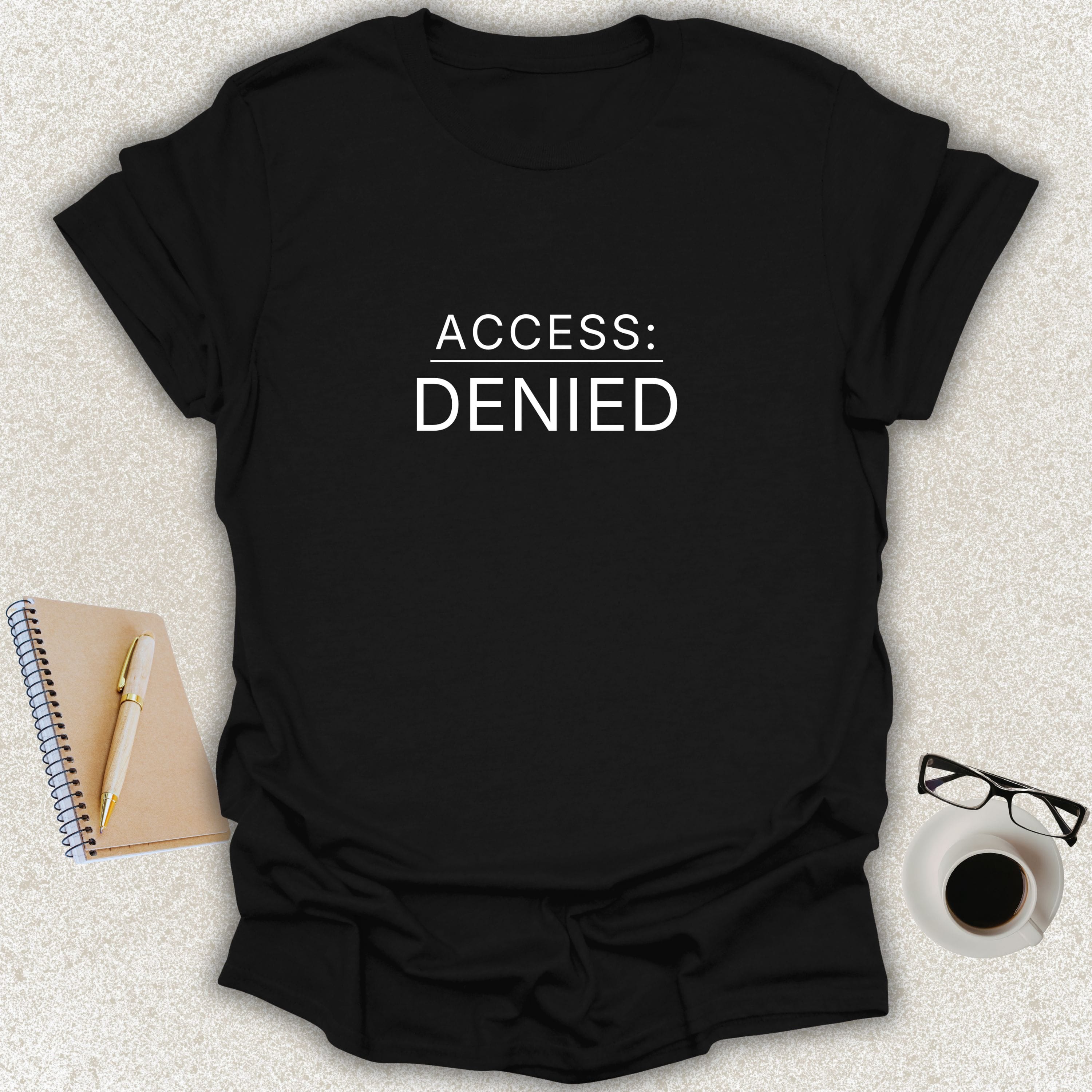 Low Signal ACCESS: DENIED minimalist typography t-shirt on black Gildan Softstyle tee
