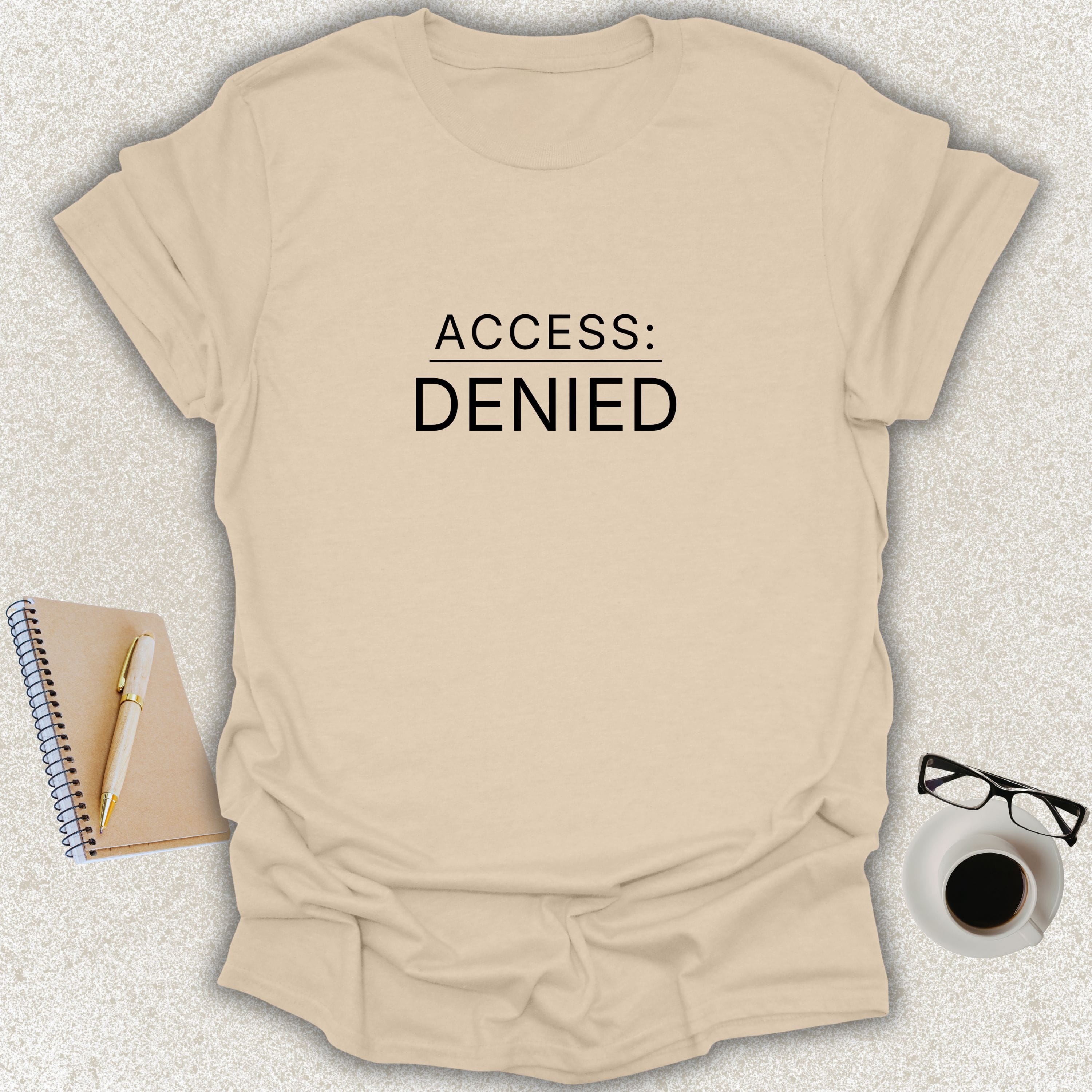 Low Signal ACCESS: DENIED minimalist typography t-shirt on sand Gildan Softstyle tee