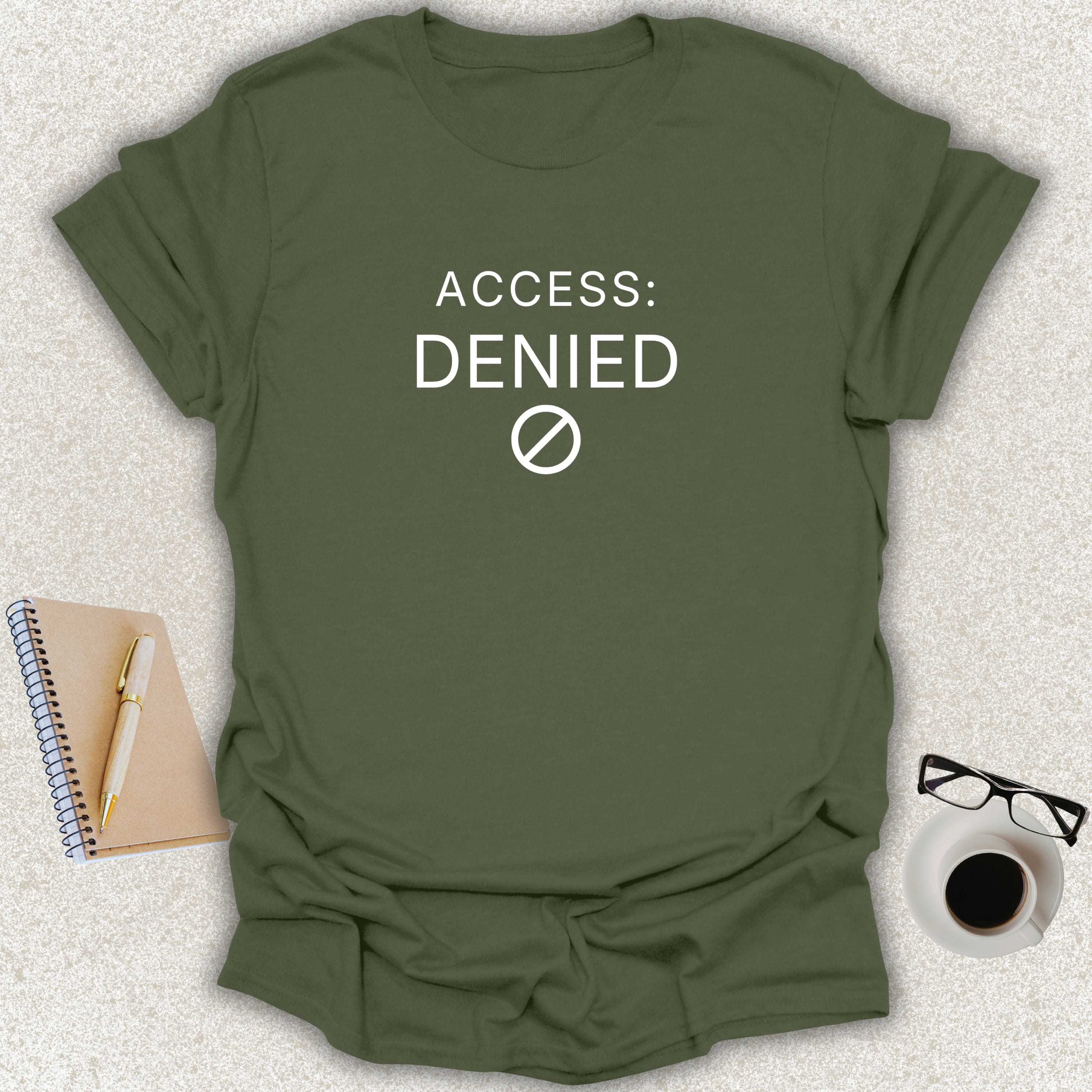 ACCESS: DENIED minimalist typography t-shirt with restriction icon on miltary green Gildan Softstyle shirt