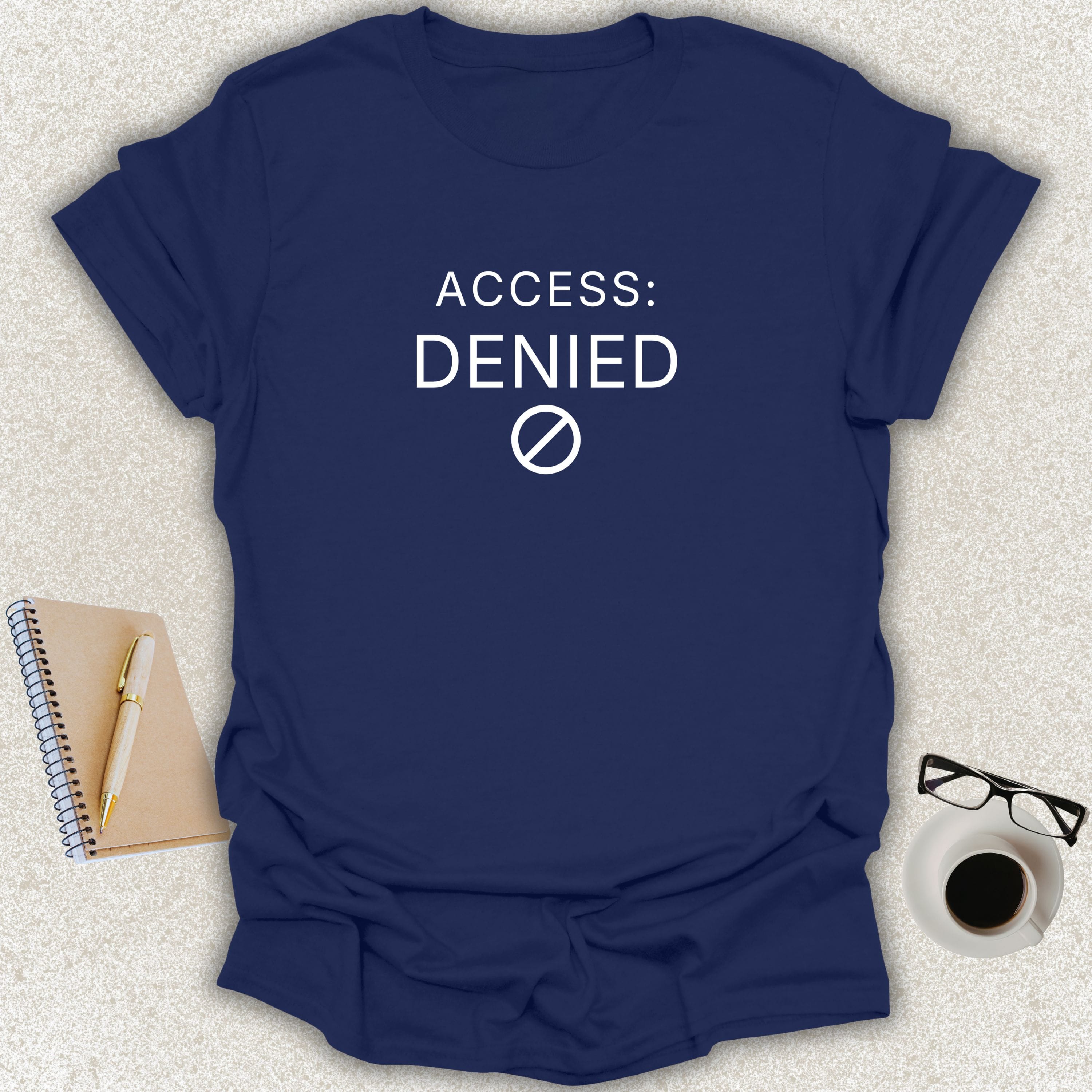 ACCESS: DENIED minimalist typography t-shirt with restriction icon on navy Gildan Softstyle shirt