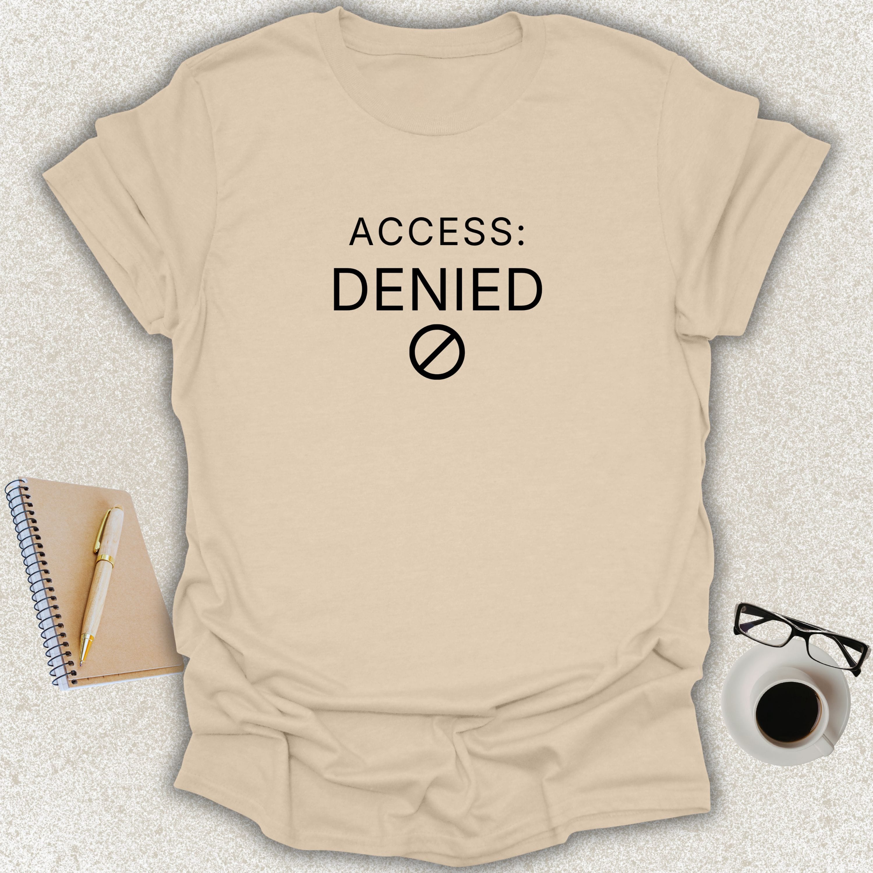 ACCESS: DENIED minimalist typography t-shirt with restriction icon on sand Gildan Softstyle shirt