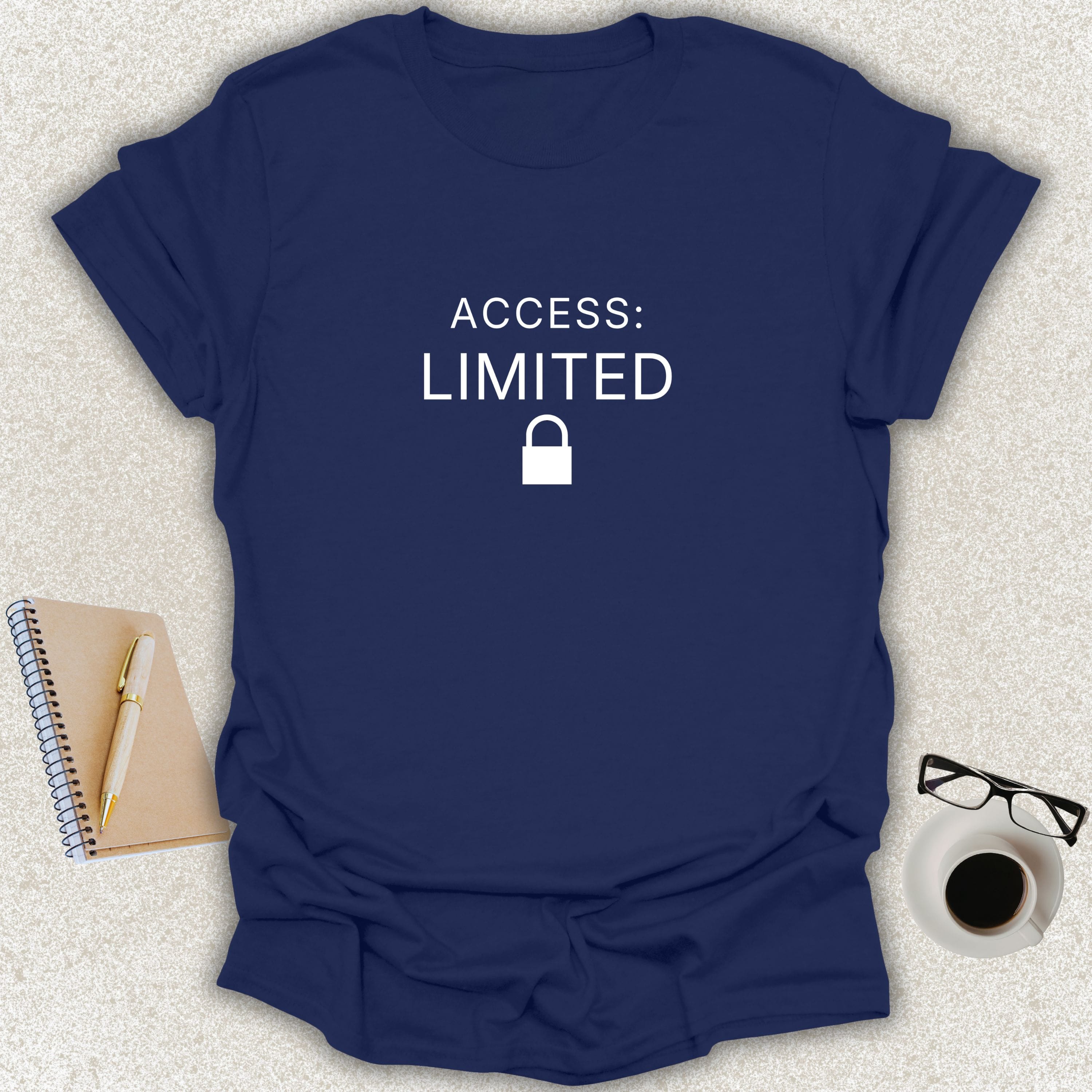 Low Signal ACCESS: LIMITED minimalist typography t-shirt with lock icon on navy Gildan Softstyle tee