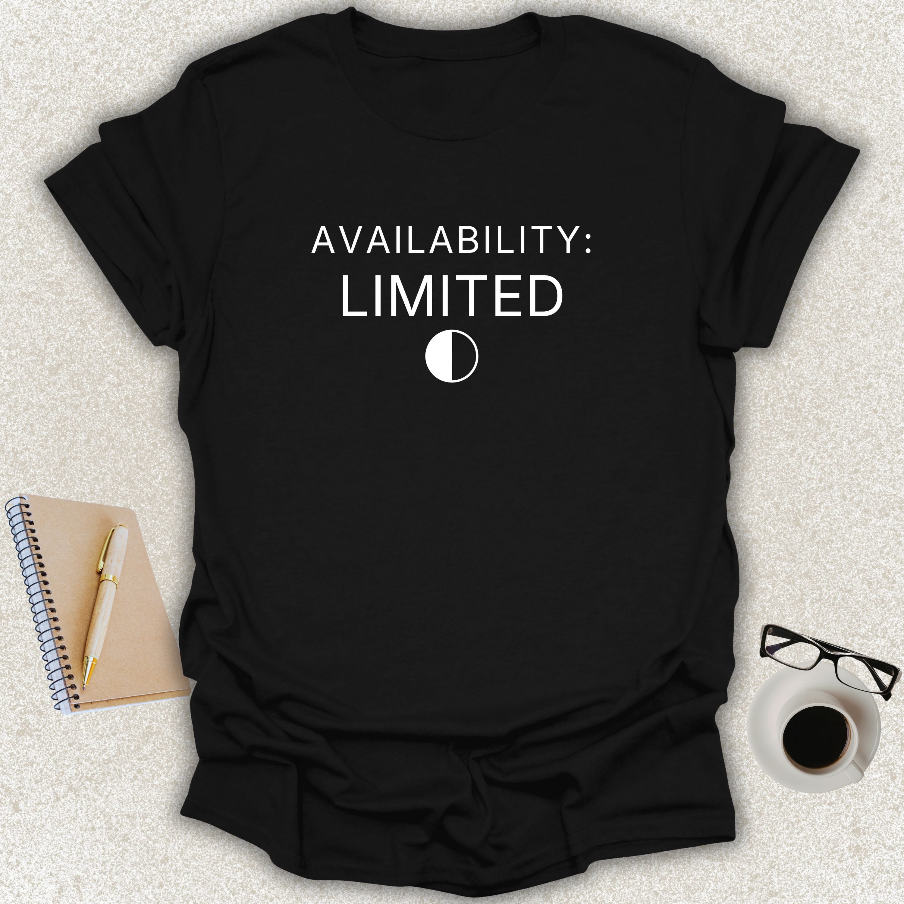 AVAILABILITY: LIMITED minimalist typography t-shirt with symbolic half-filled circle icon on black Gildan Softstyle shirt