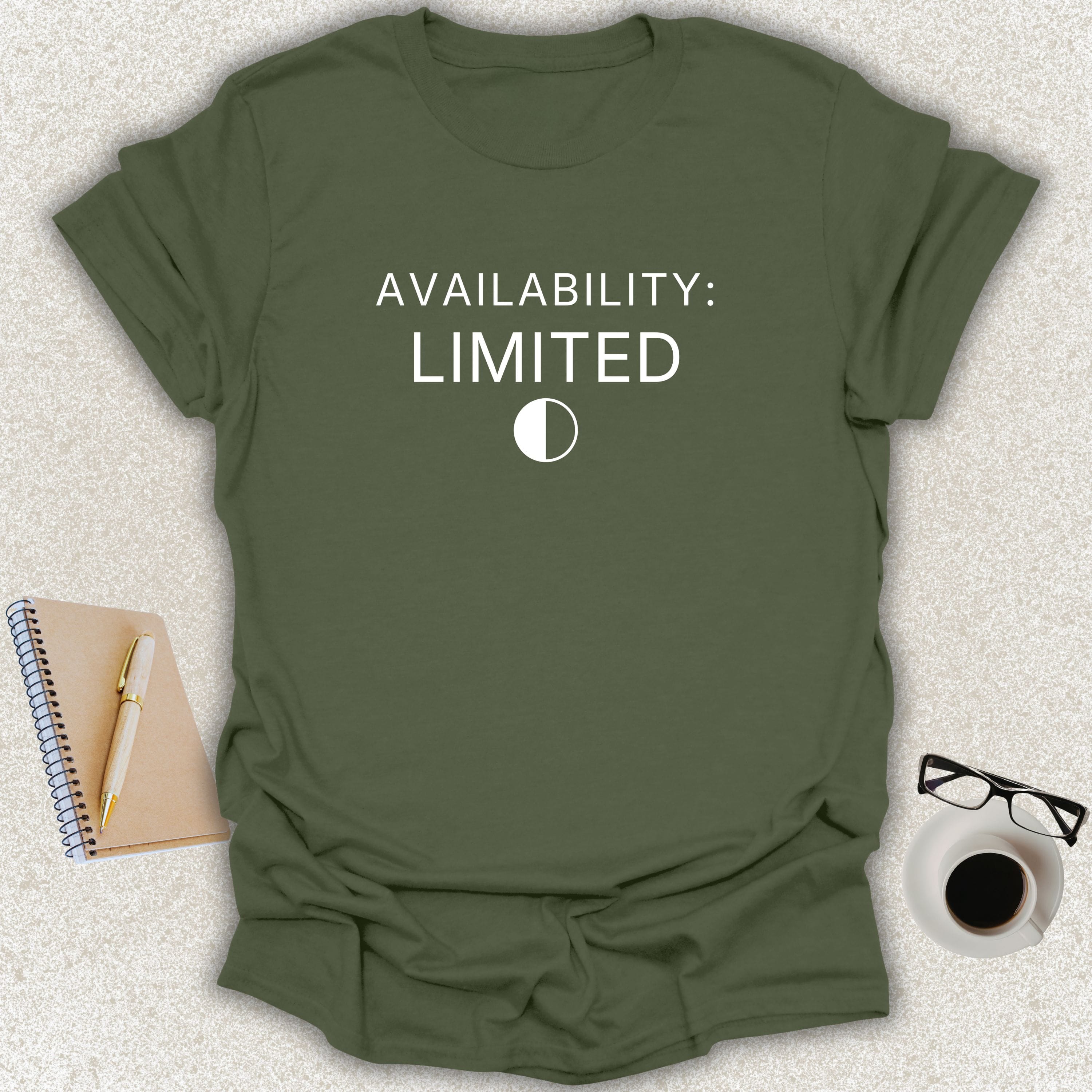 AVAILABILITY: LIMITED minimalist typography t-shirt with symbolic half-filled circle icon on military green Gildan Softstyle shirt