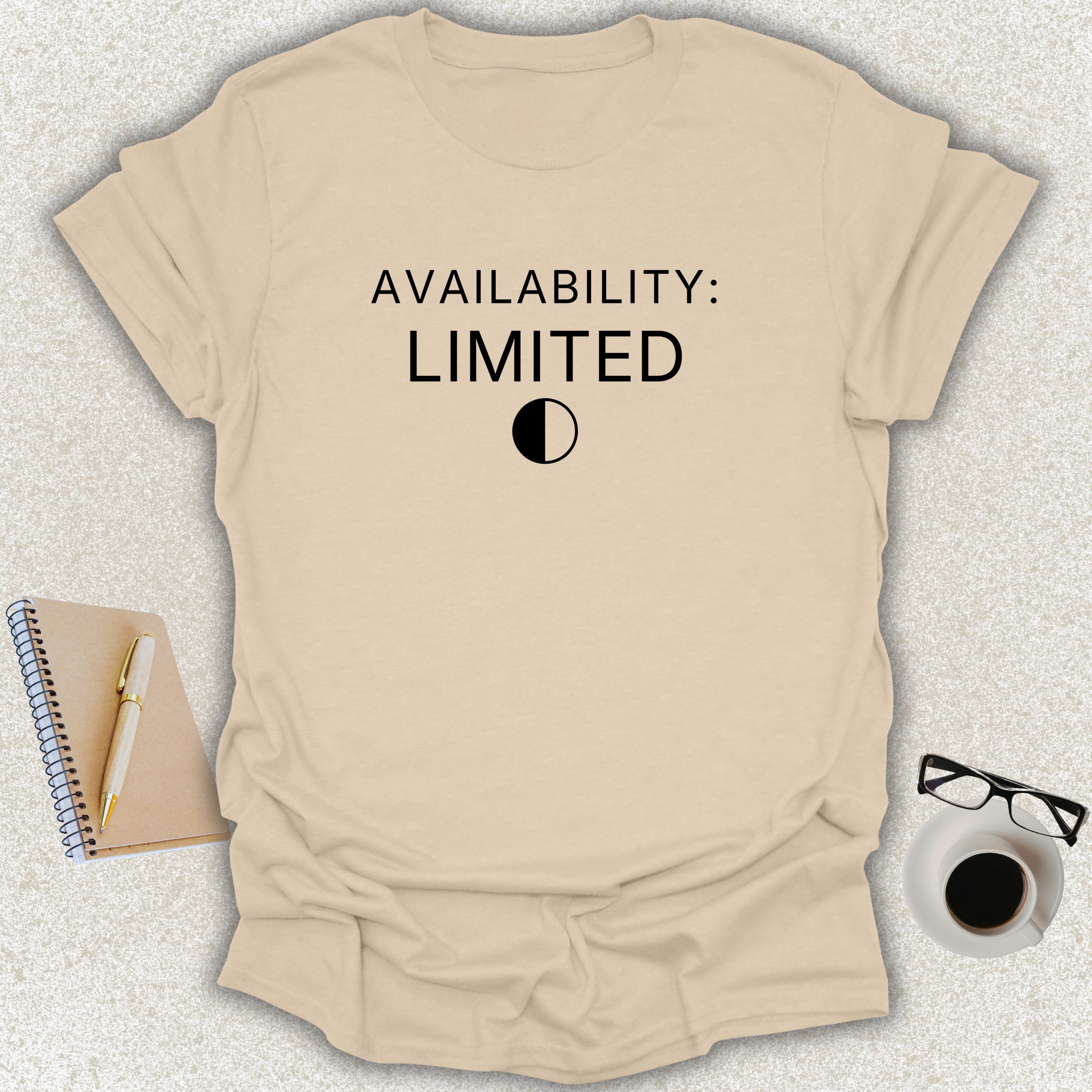 AVAILABILITY: LIMITED minimalist typography t-shirt with symbolic half-filled circle icon on sand Gildan Softstyle shirt