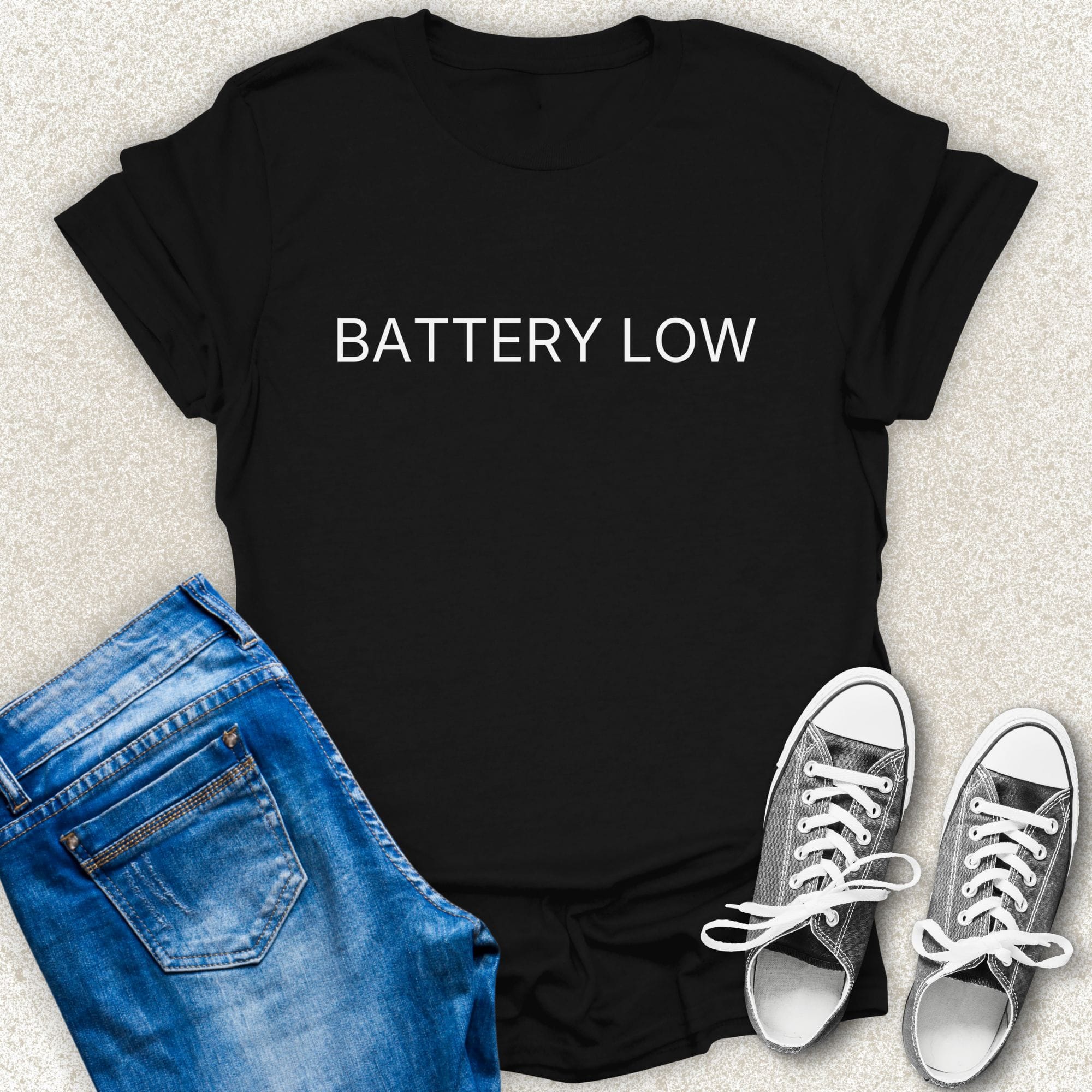 Black BATTERY LOW minimalist typography t-shirt by Low Signal.
