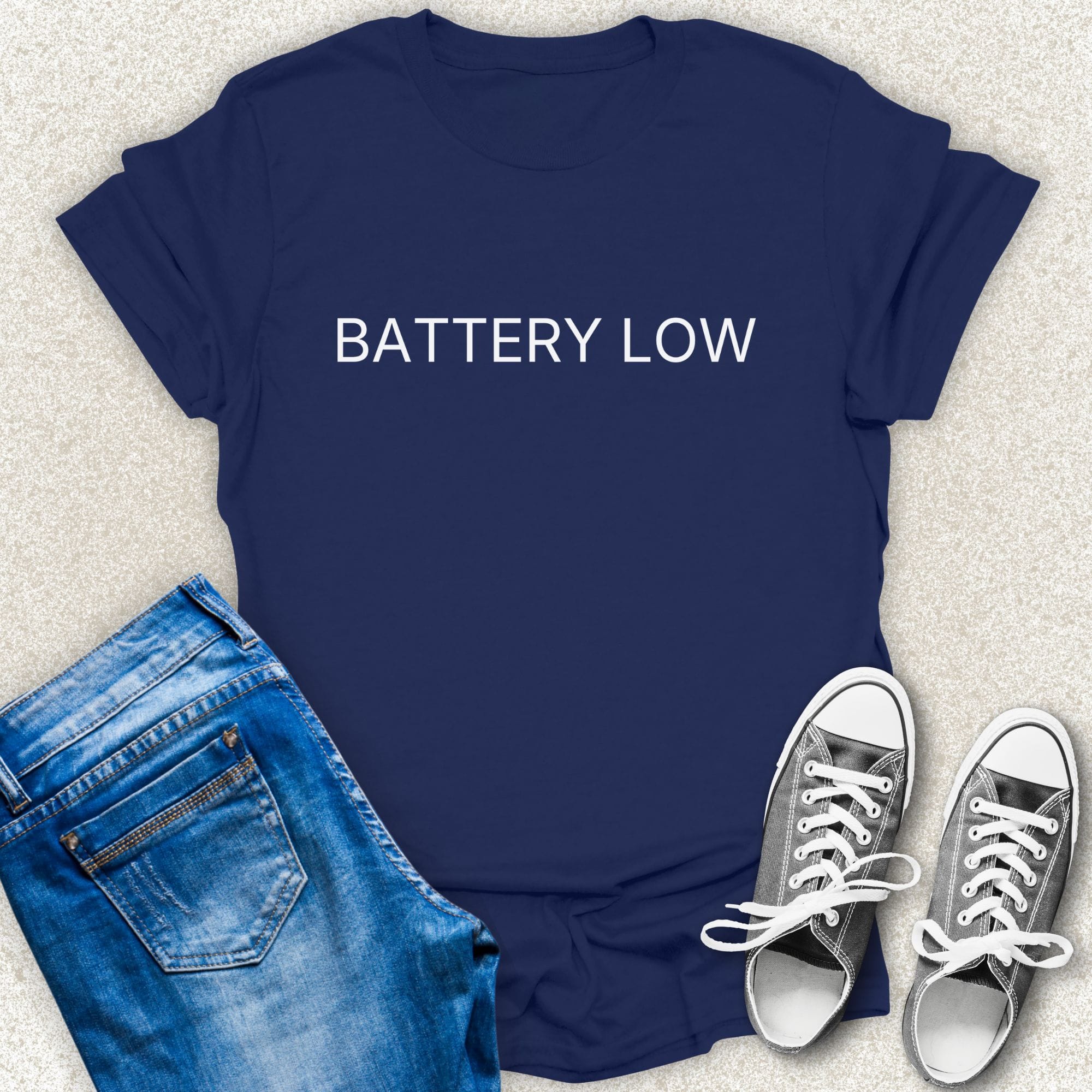 Navy BATTERY LOW minimalist typography t-shirt by Low Signal.