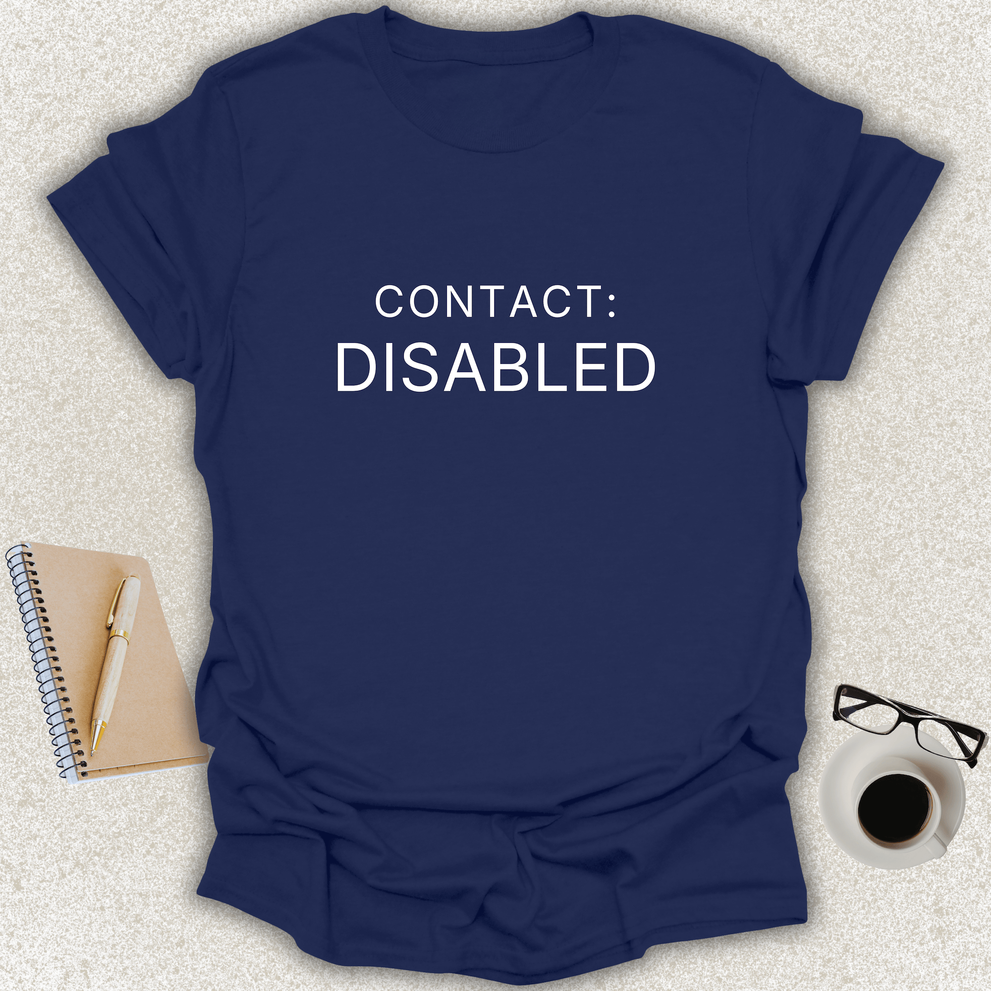 CONTACT DISABLED Core minimalist typography t-shirt on navy shirt with white typography