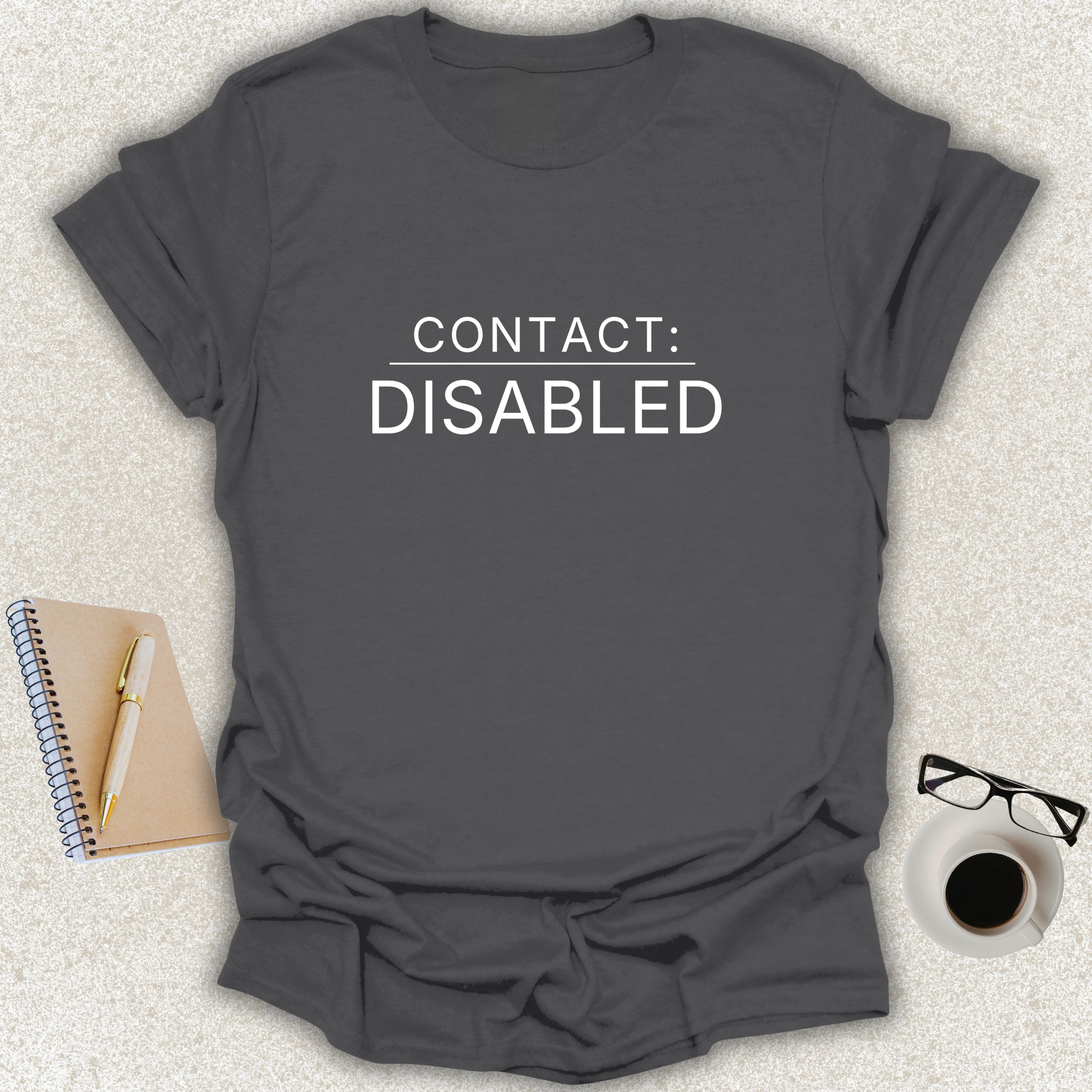 Low Signal CONTACT: DISABLED minimalist typography t-shirt on charcoal Gildan Softstyle tee