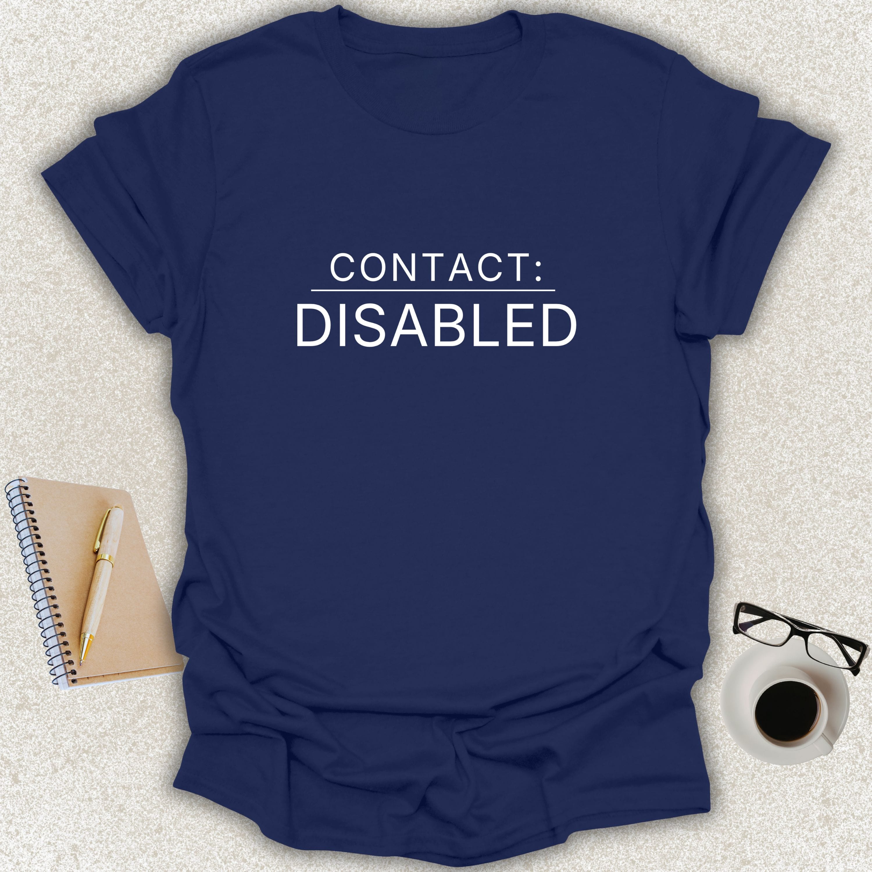 Low Signal CONTACT: DISABLED minimalist typography t-shirt on navy Gildan Softstyle tee