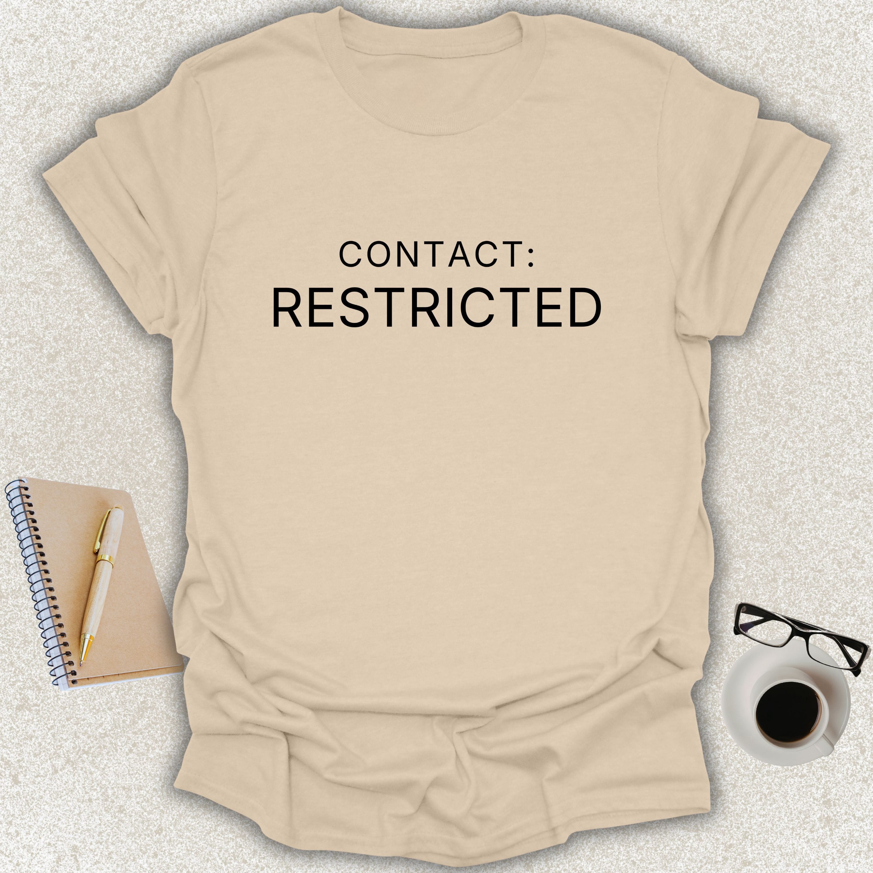 CONTACT RESTRICTED minimalist typography t-shirt on sand shirt