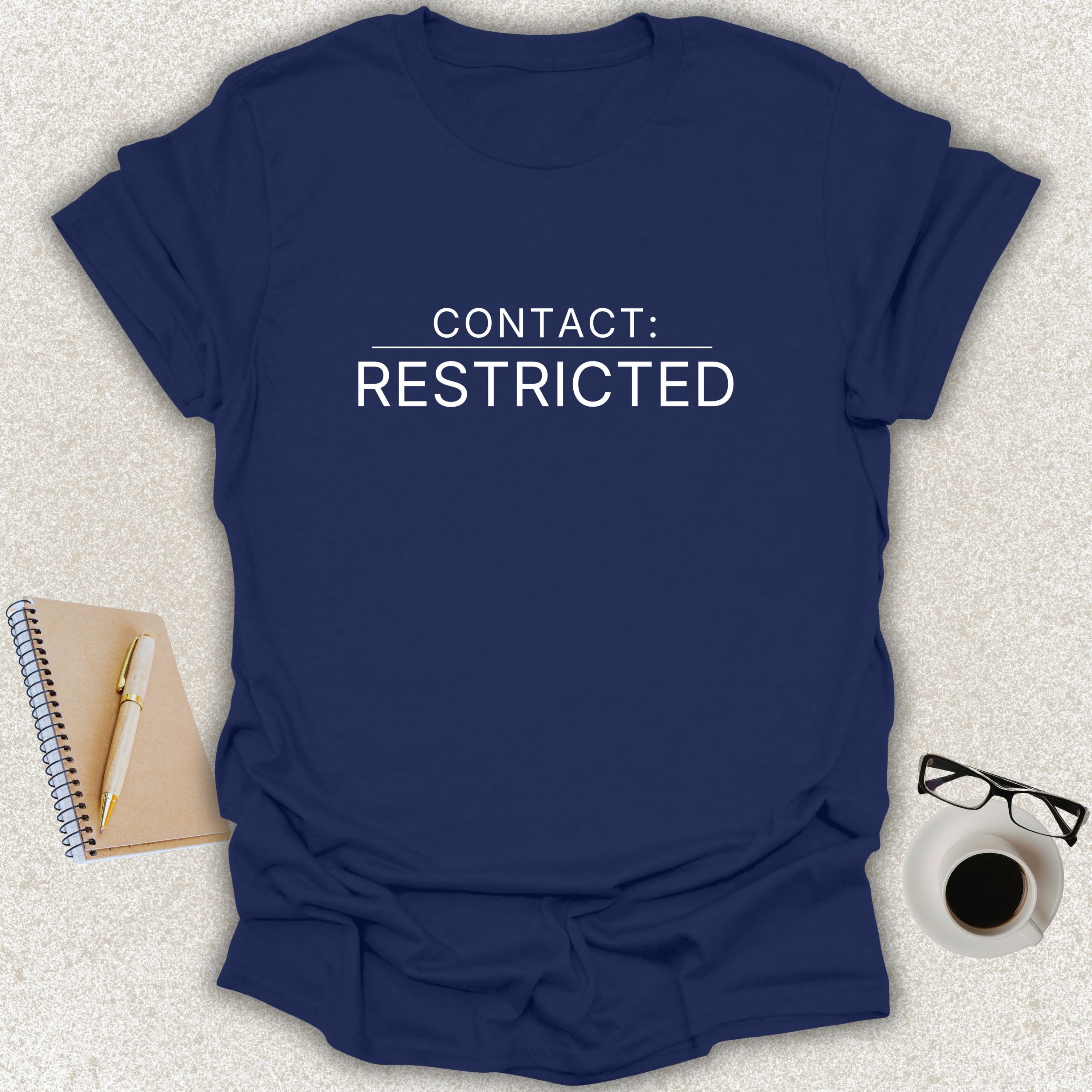Low Signal CONTACT: RESTRICTED minimalist typography t-shirt on navy Gildan Softstyle tee