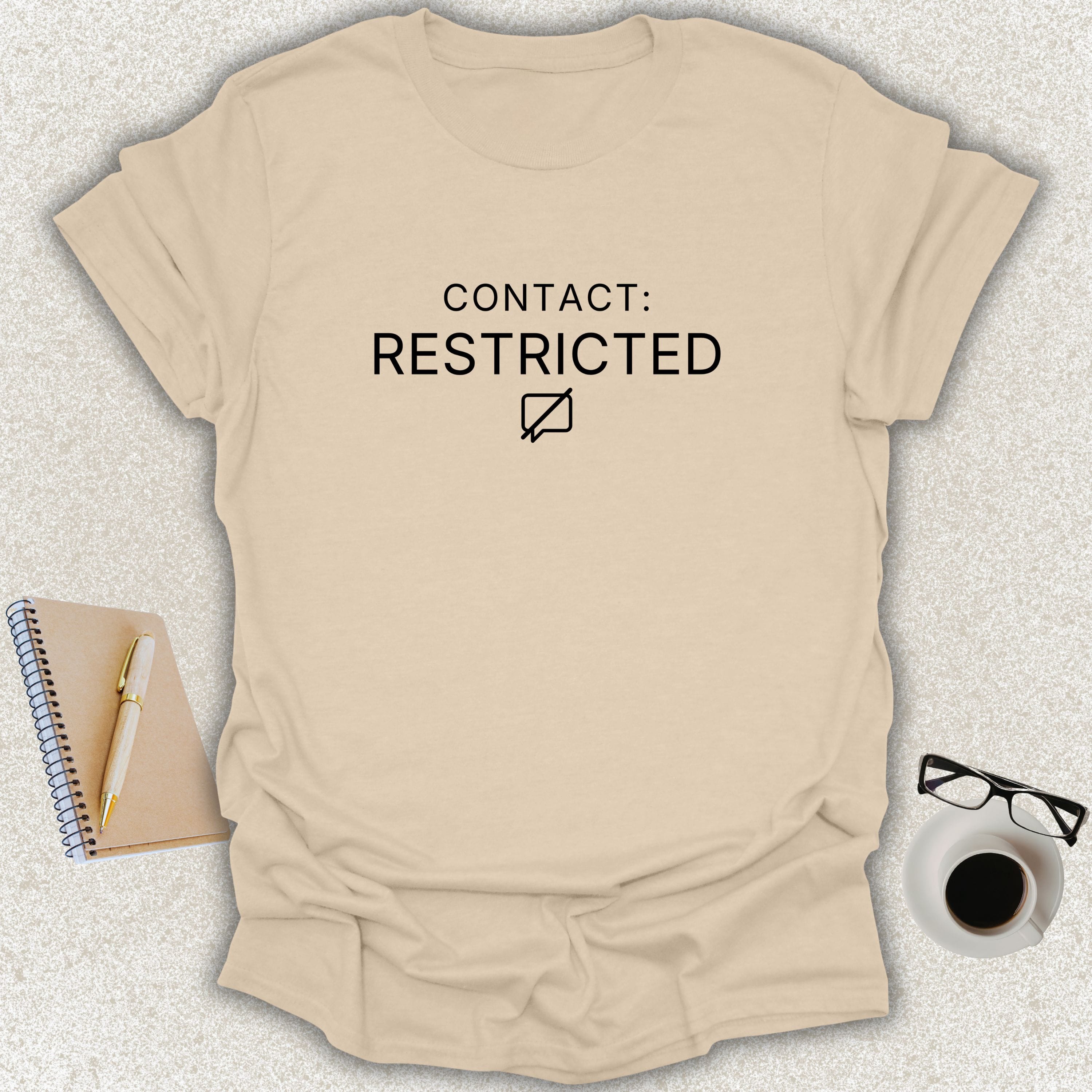 Low Signal CONTACT: RESTRICTED minimalist typography t-shirt with restricted message icon on sand Gildan Softstyle tee