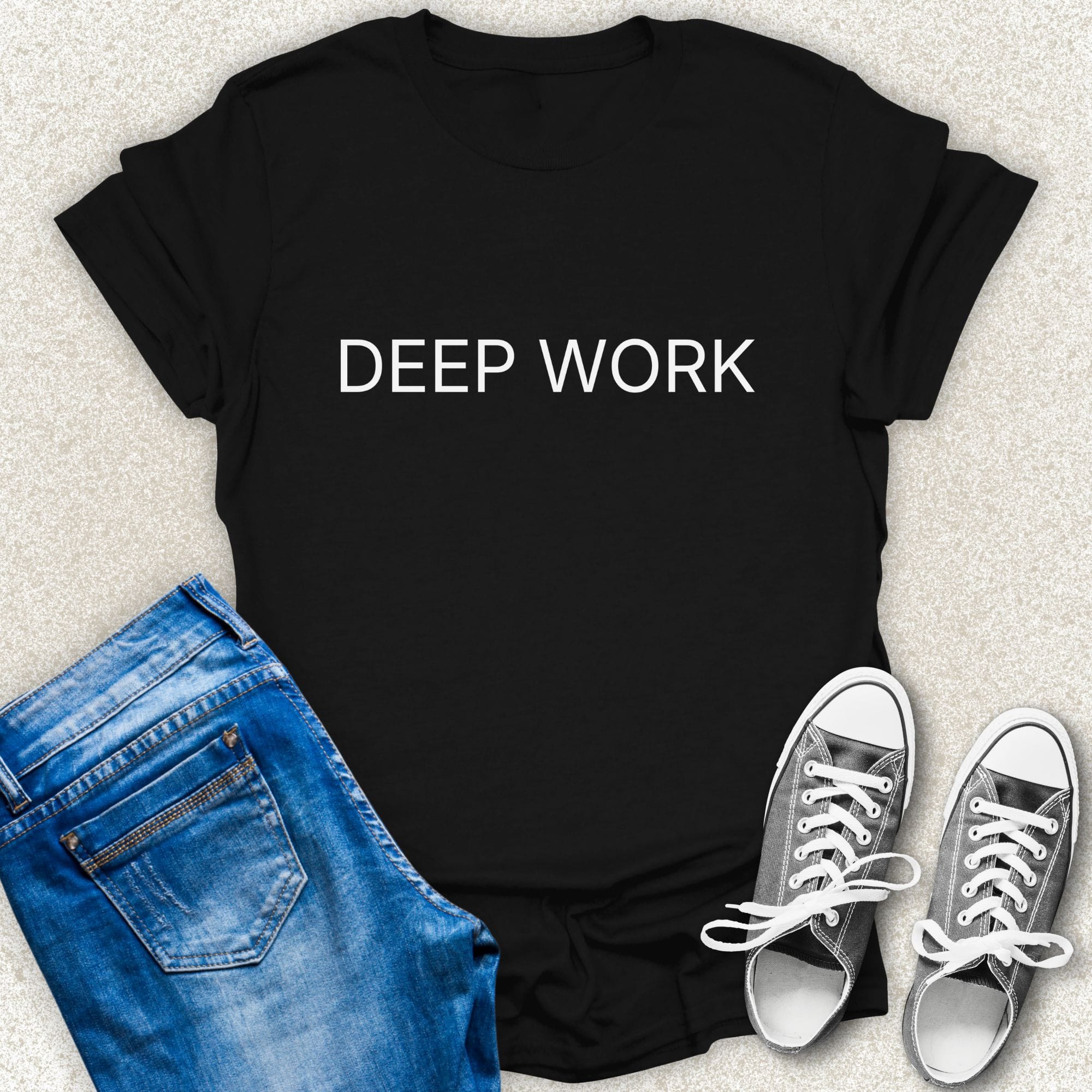Black DEEP WORK minimalist typography t-shirt by Low Signal.