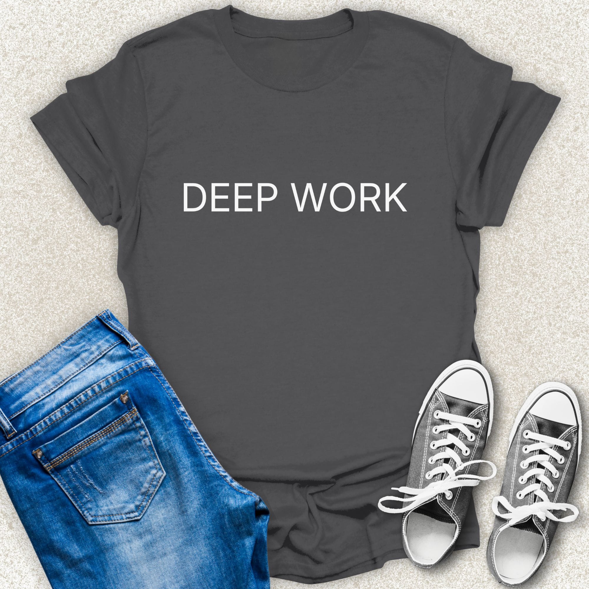 Charcoal DEEP WORK minimalist typography t-shirt by Low Signal.