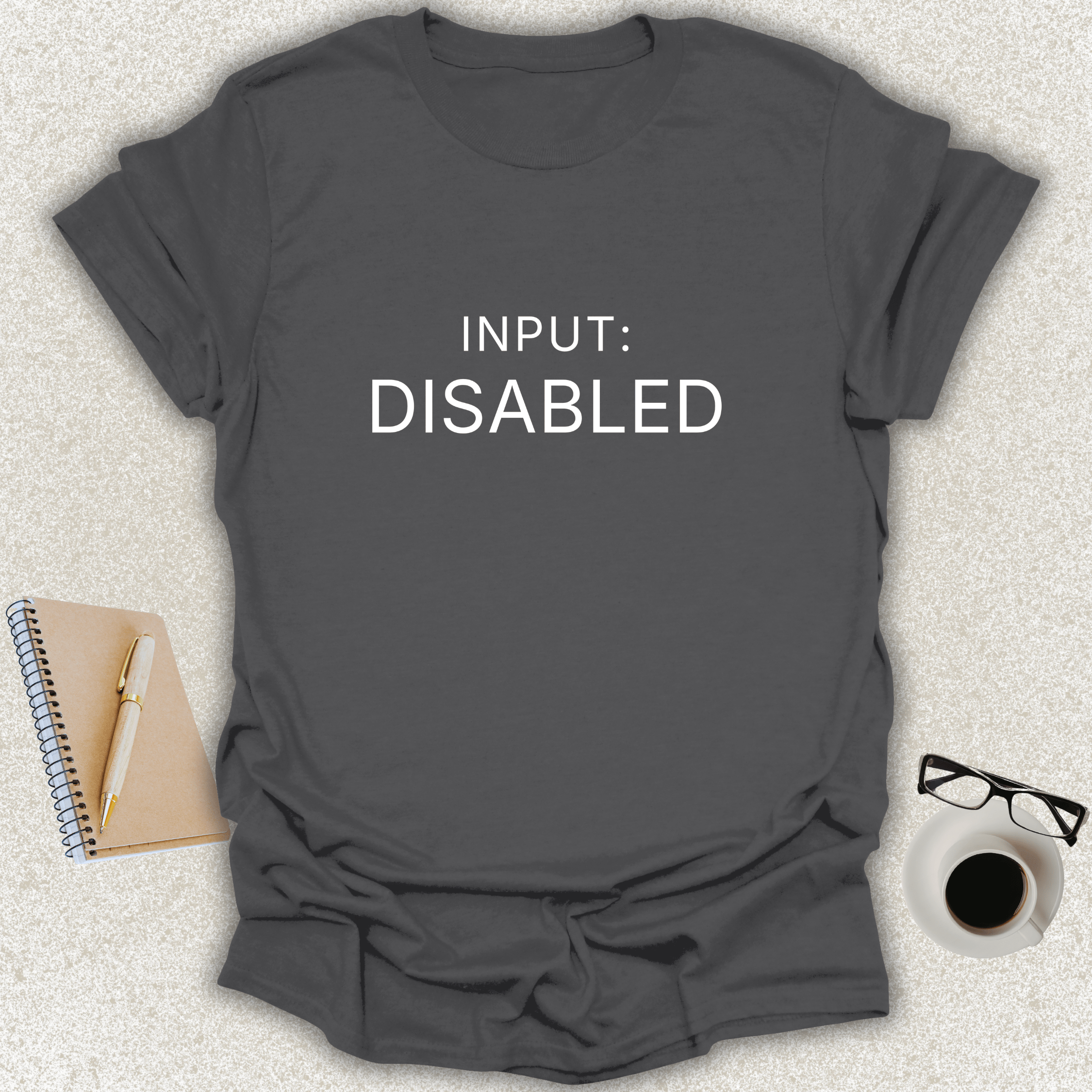 INPUT DISABLED Core minimalist typography t-shirt on charcoal shirt with white typography
