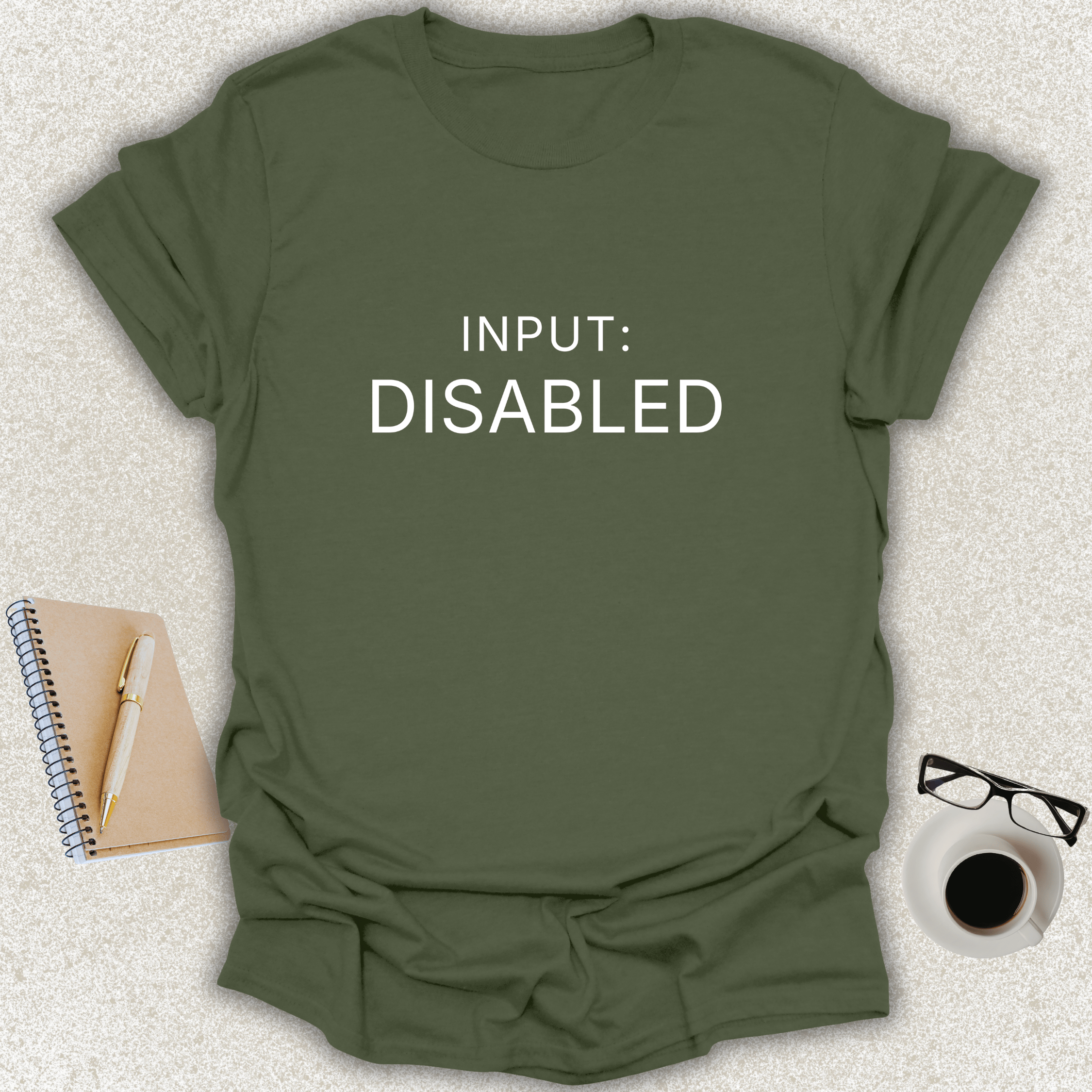 INPUT DISABLED Core minimalist typography t-shirt on military green shirt with white typography