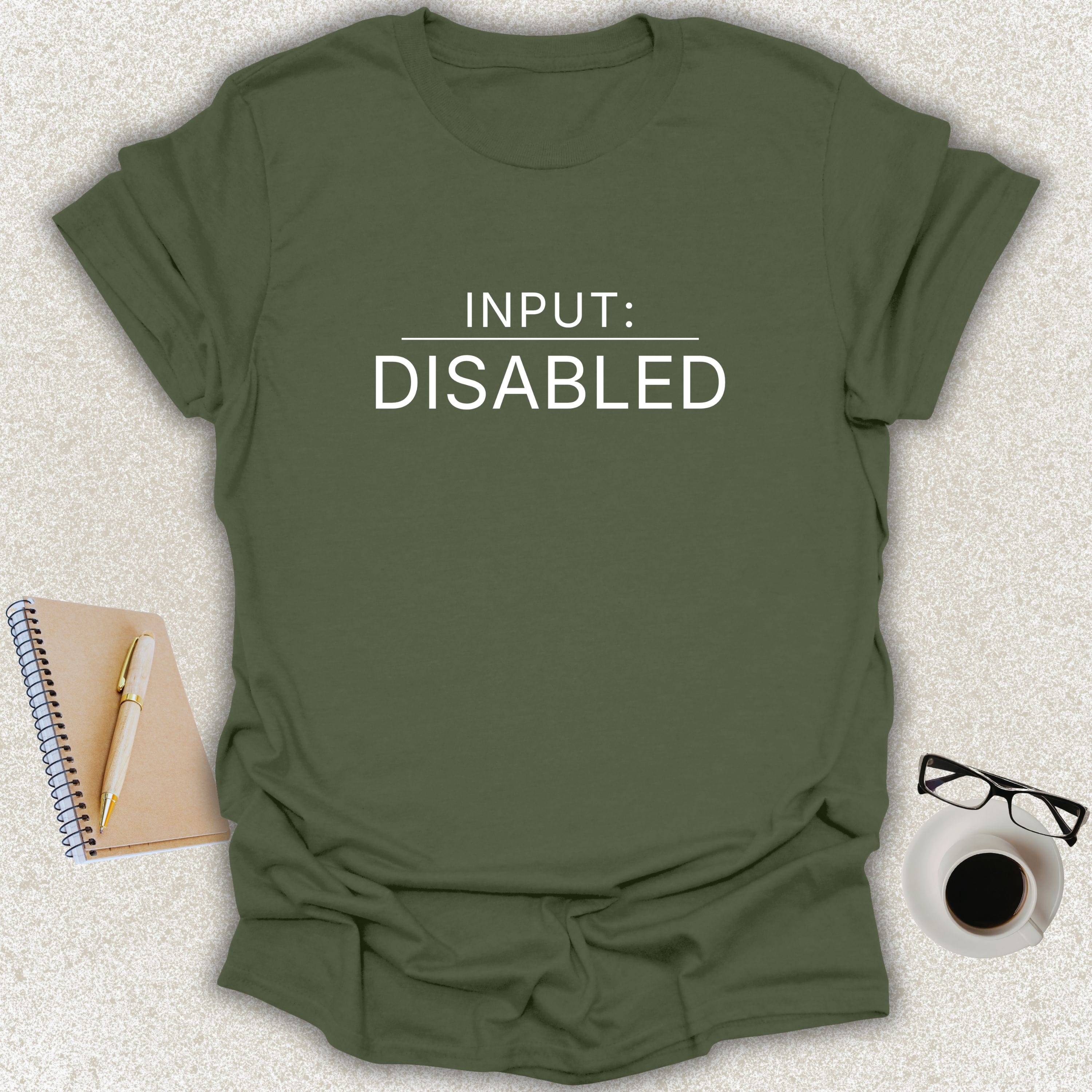 Low Signal INPUT: DISABLED minimalist typography t-shirt on white military green Softstyle tee