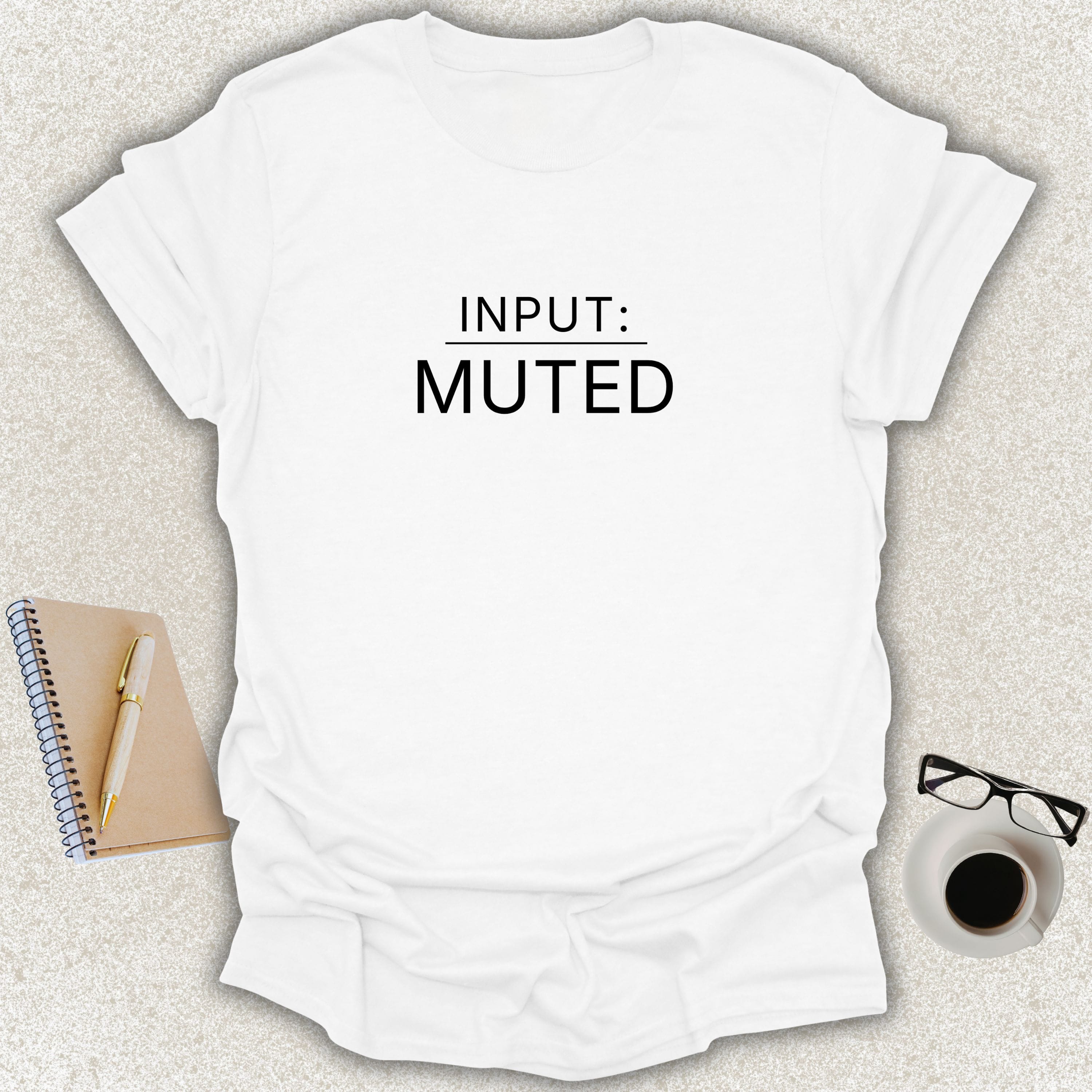 Low Signal INPUT: MUTED minimalist typography t-shirt on white Gildan Softstyle tee