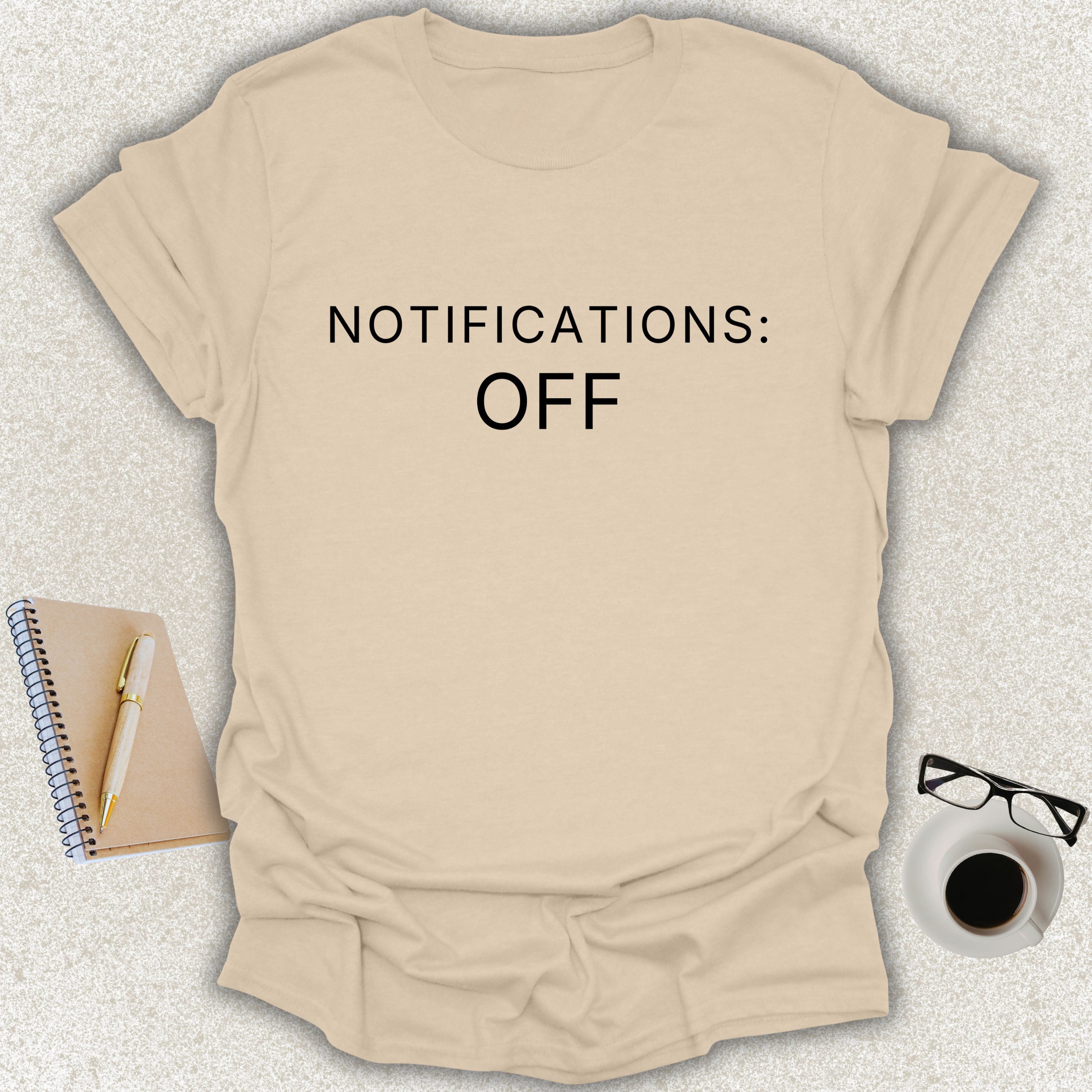NOTIFICATIONS OFF Core minimalist typography t-shirt on sand shirt