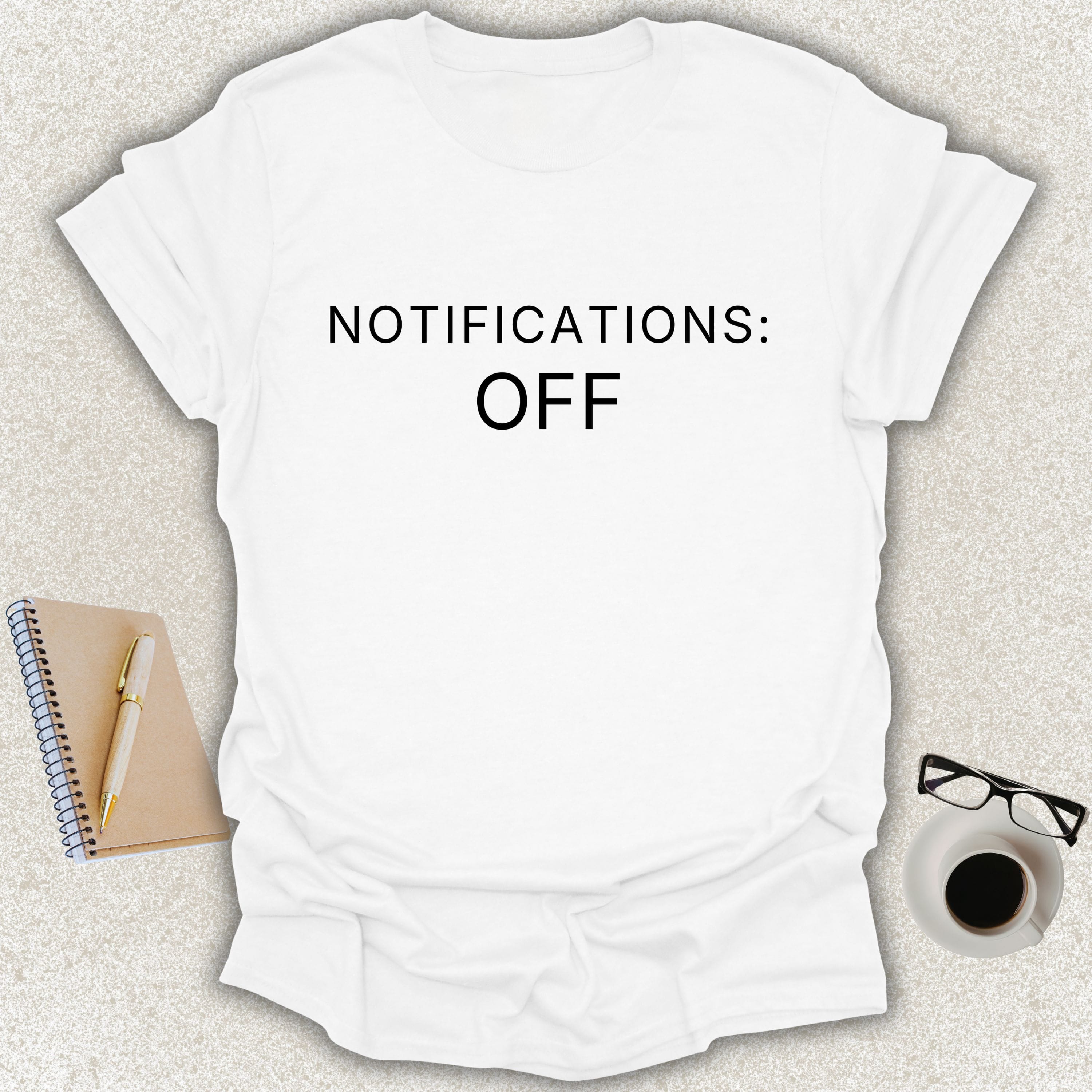 NOTIFICATIONS OFF Core minimalist typography t-shirt on white shirt
