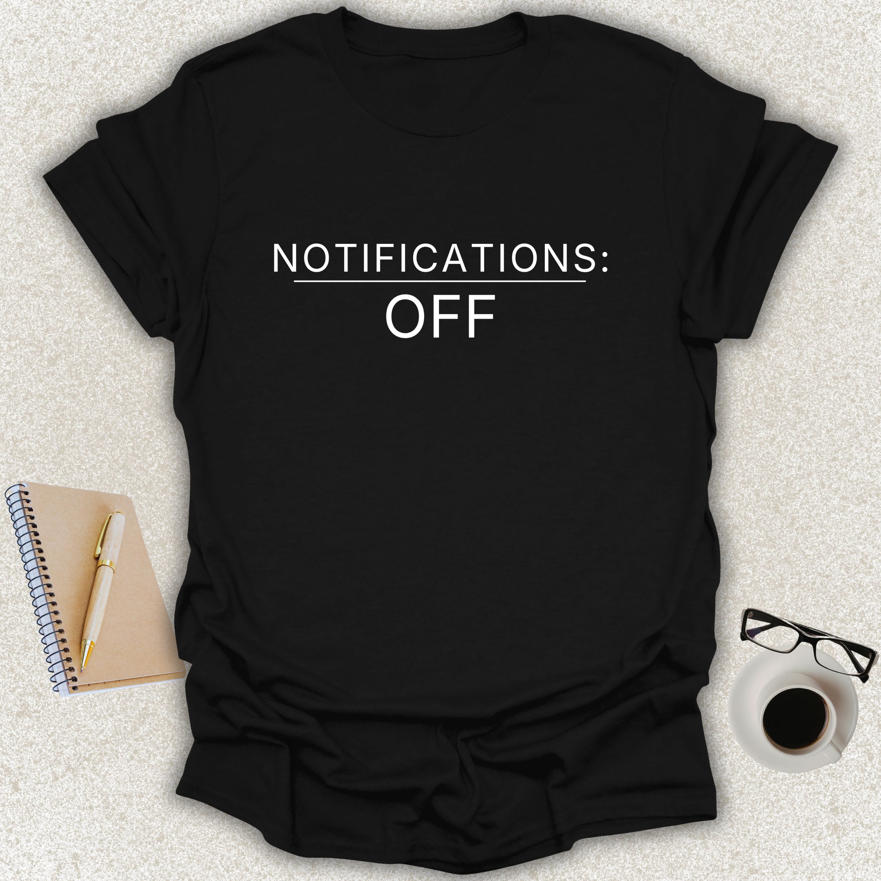 Low Signal NOTIFICATIONS: OFF minimalist typography t-shirt on black Gildan Softstyle tee