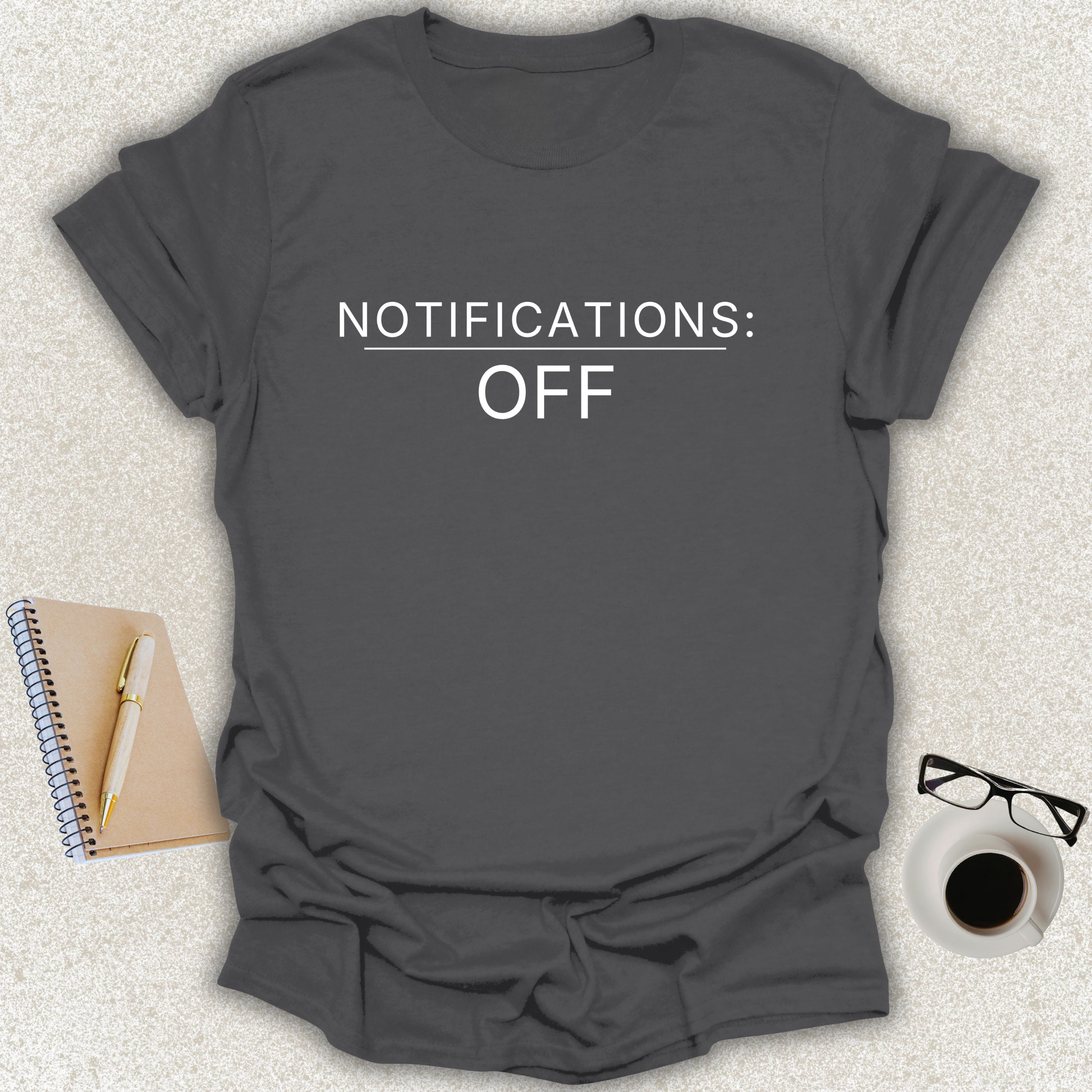 Low Signal NOTIFICATIONS: OFF minimalist typography t-shirt on charcoal Gildan Softstyle tee
