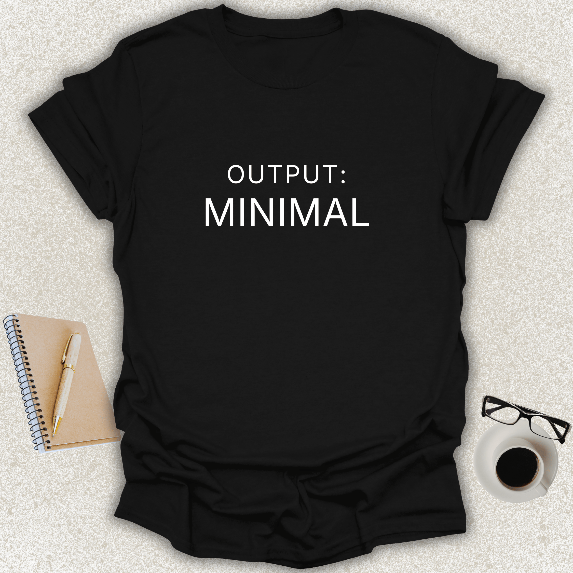 OUTPUT MINIMAL Core minimalist typography t-shirt on black shirt with white typography