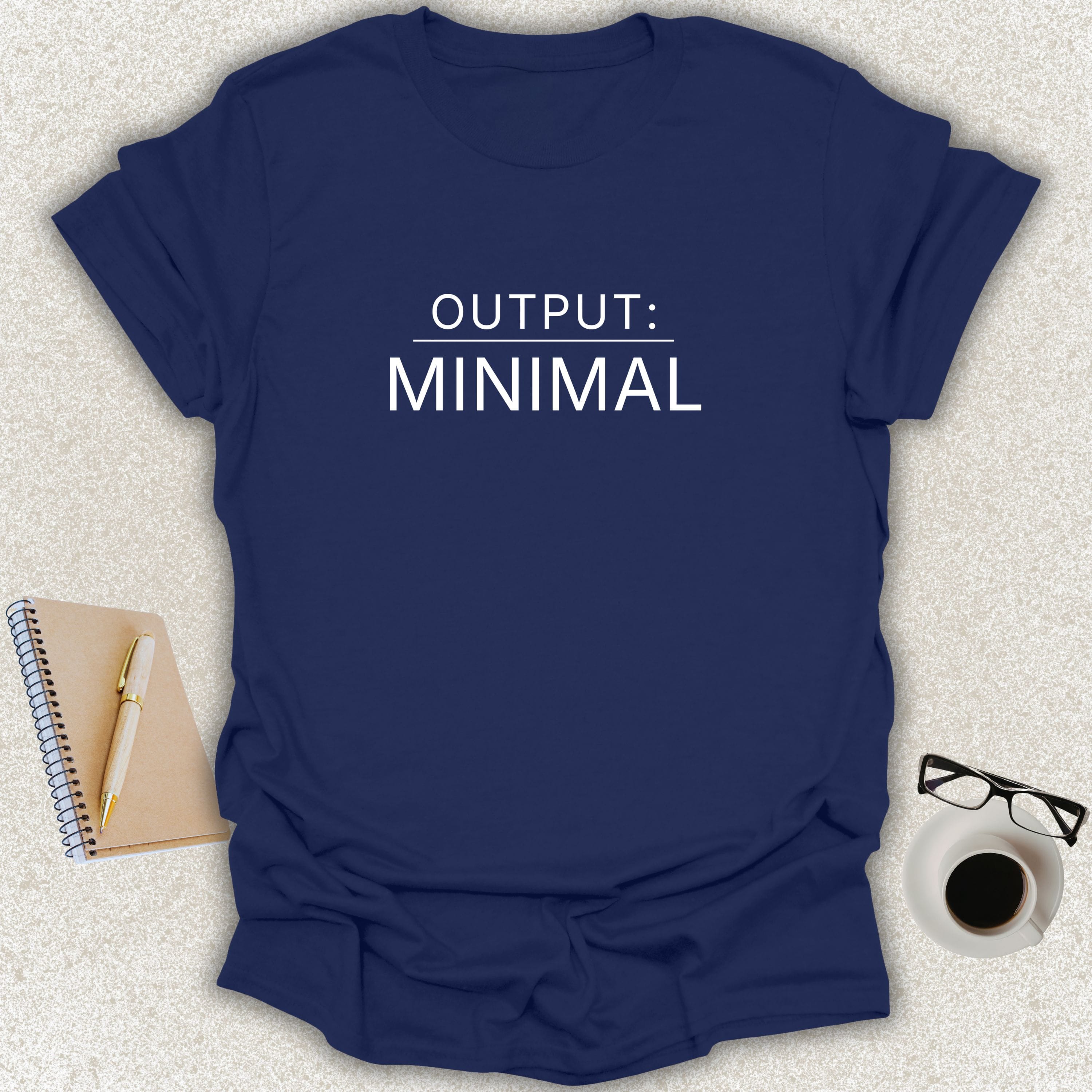 Low Signal OUTPUT: MINIMAL minimalist typography t-shirt on navy Gildan Softstyle tee