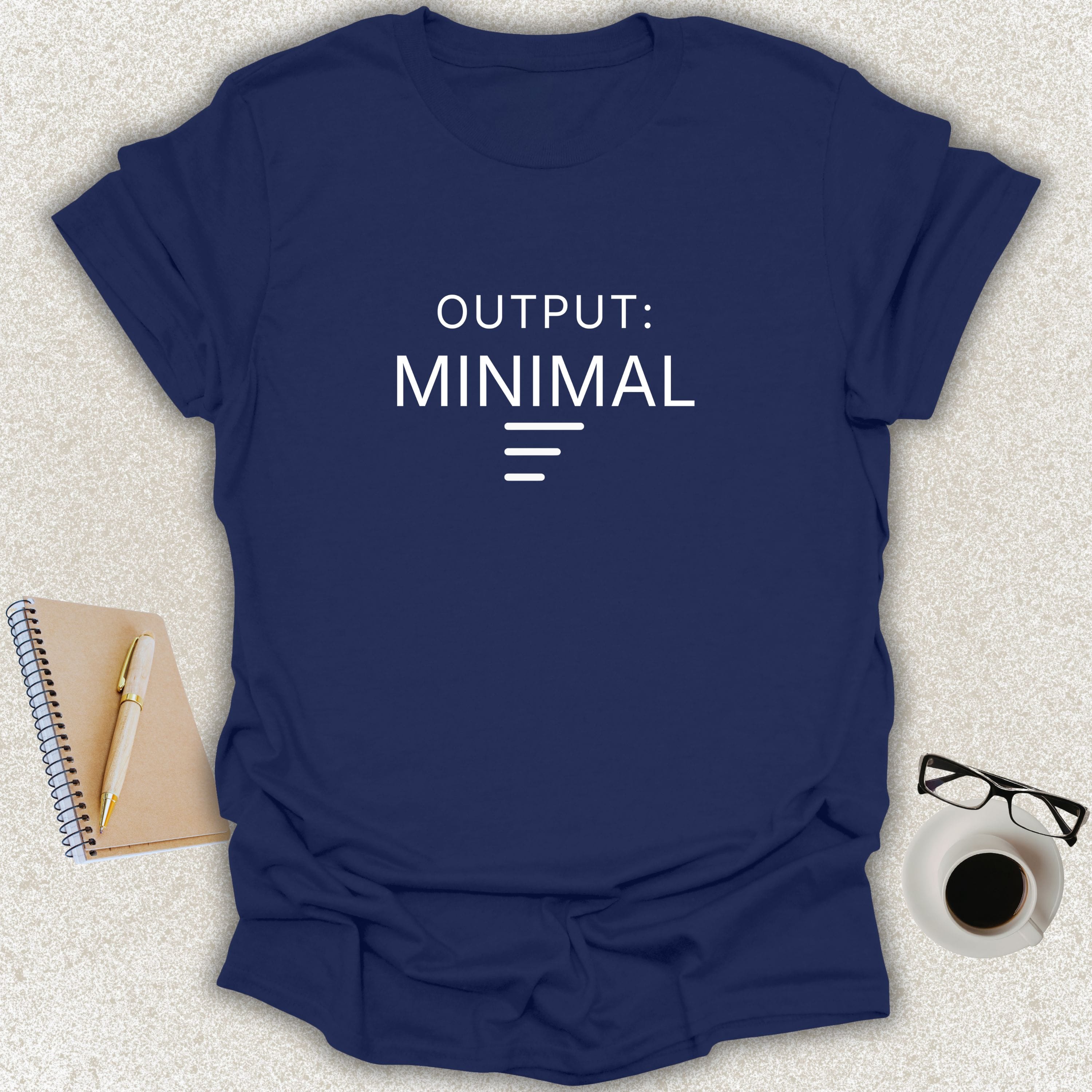 OUTPUT: MINIMAL minimalist typography t-shirt with descending line icon on navy Gildan Softstyle shirt