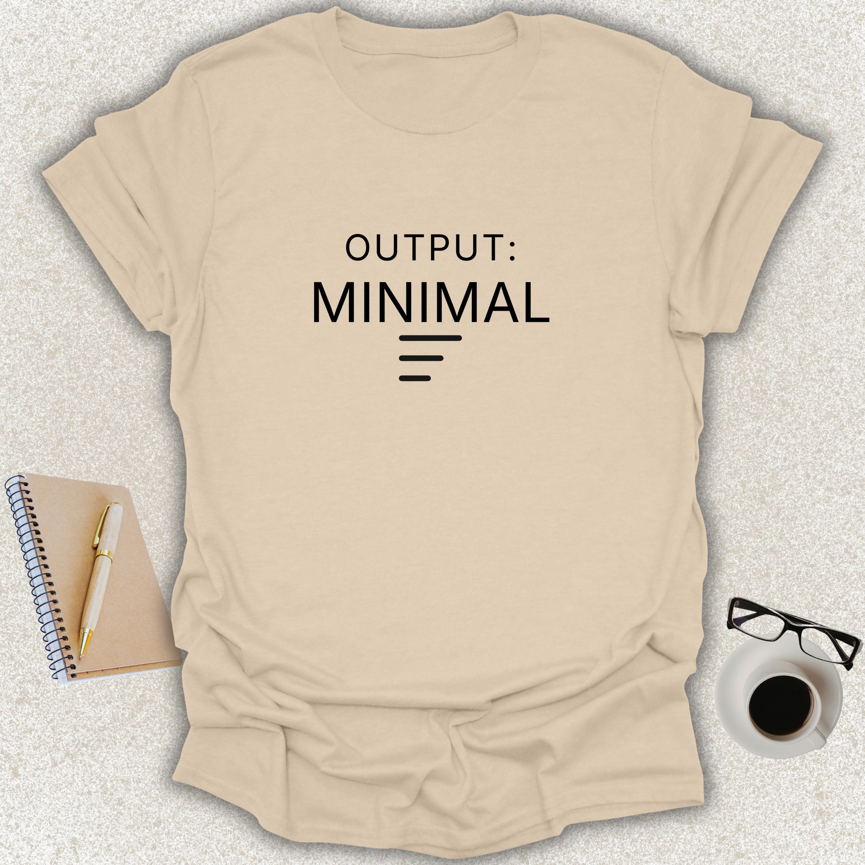 OUTPUT: MINIMAL minimalist typography t-shirt with descending line icon on sand Gildan Softstyle shirt