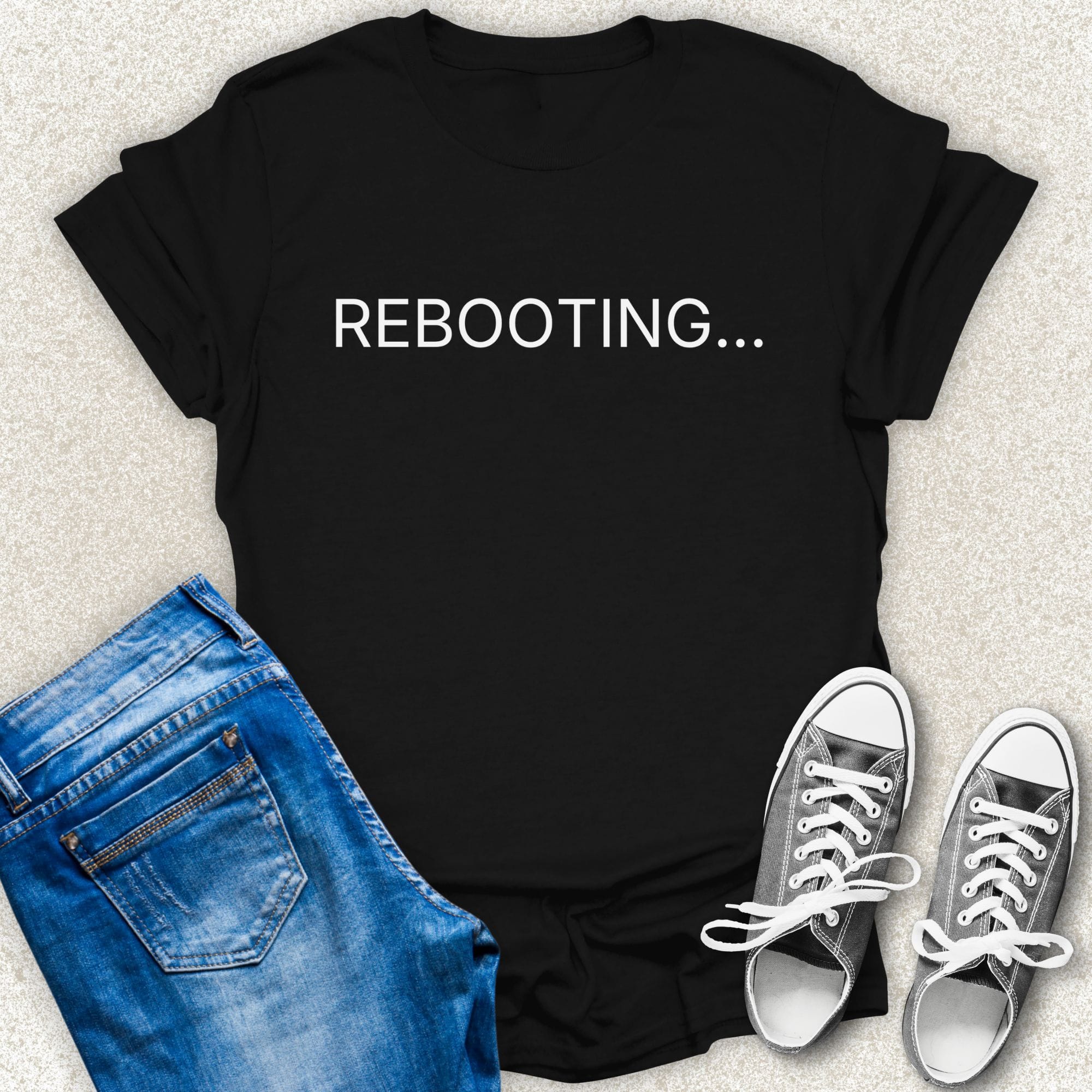Black REBOOTING... minimalist typography t-shirt by Low Signal.