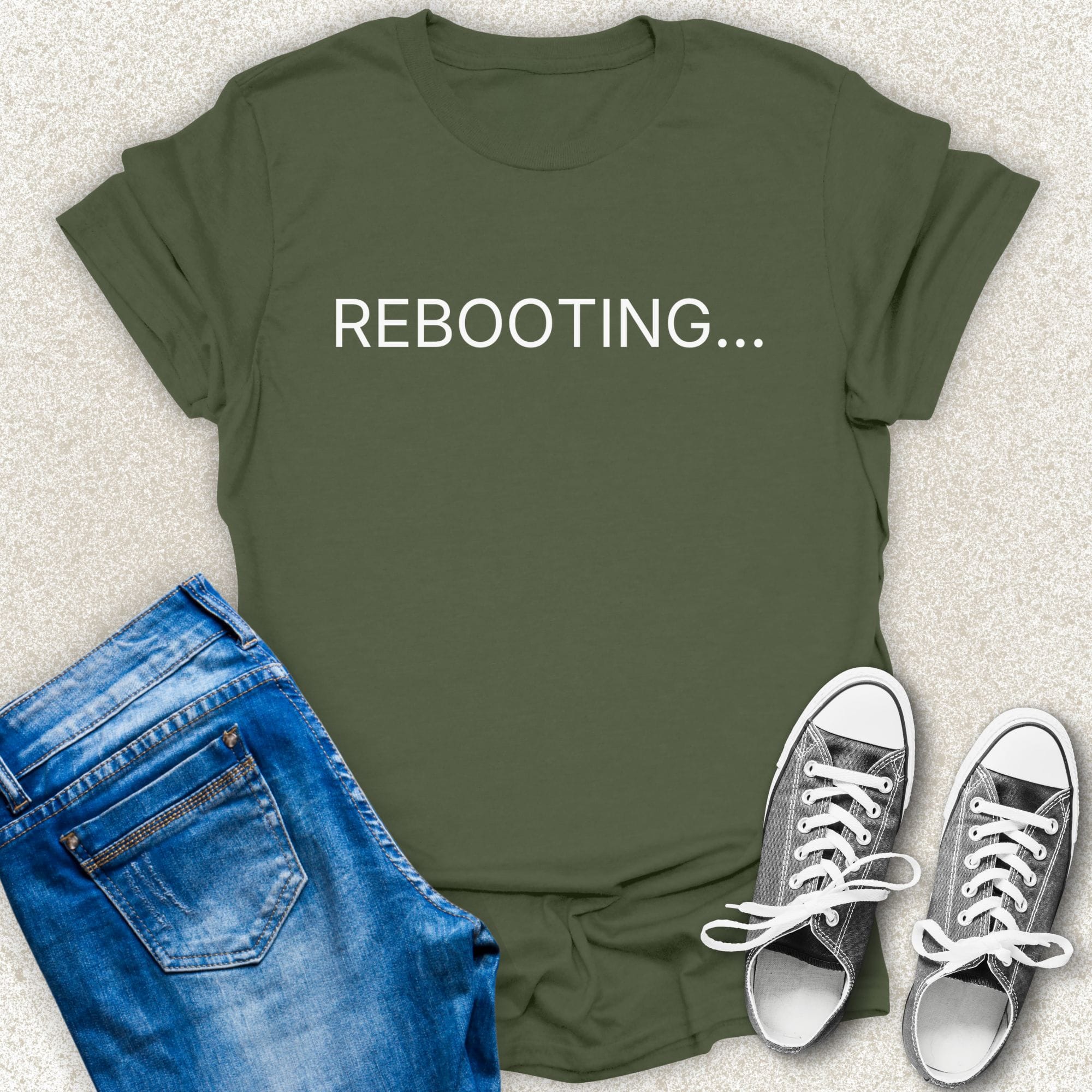 Military Green REBOOTING... minimalist typography t-shirt by Low Signal.