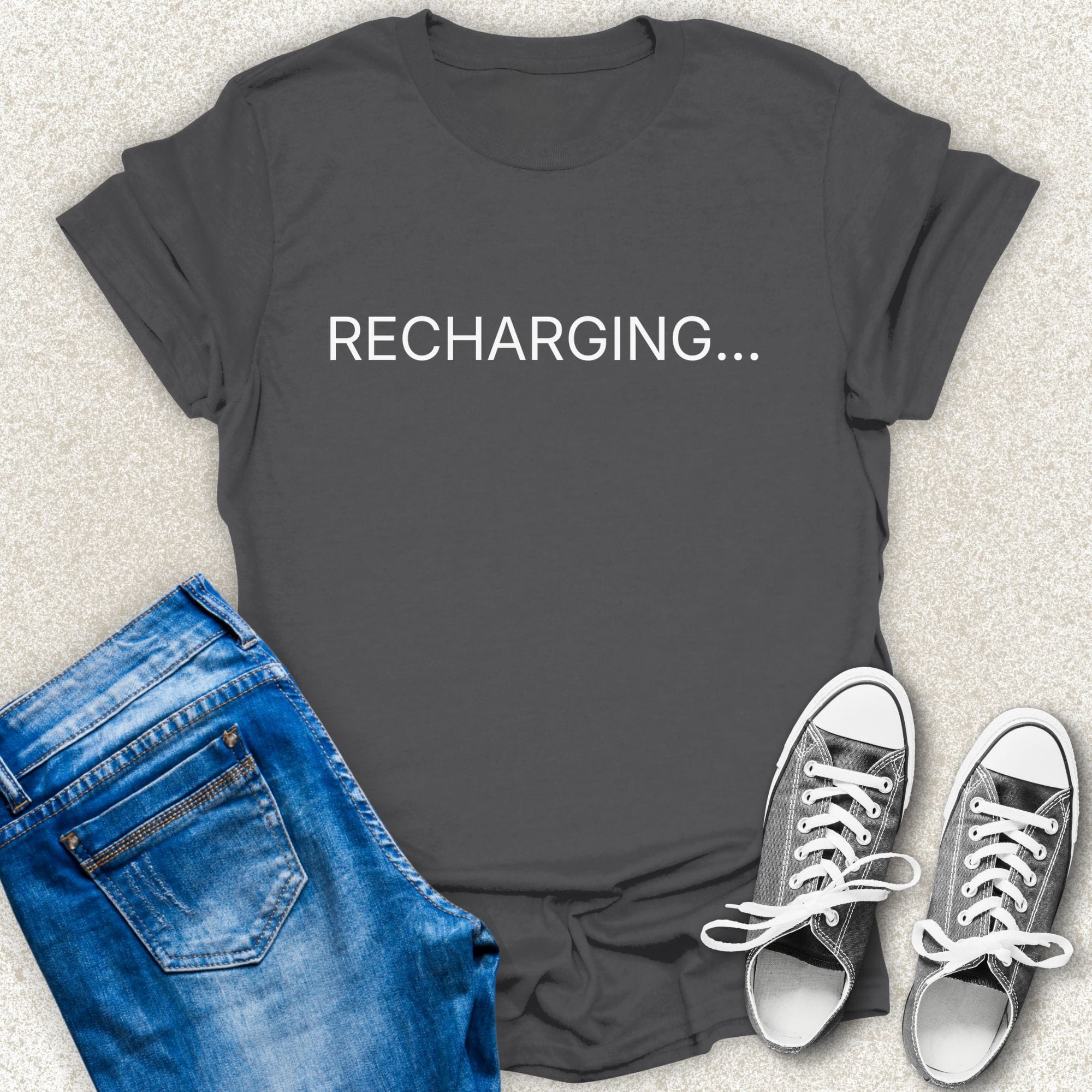 Charcoal RECHARGING... minimalist typography t-shirt by Low Signal.