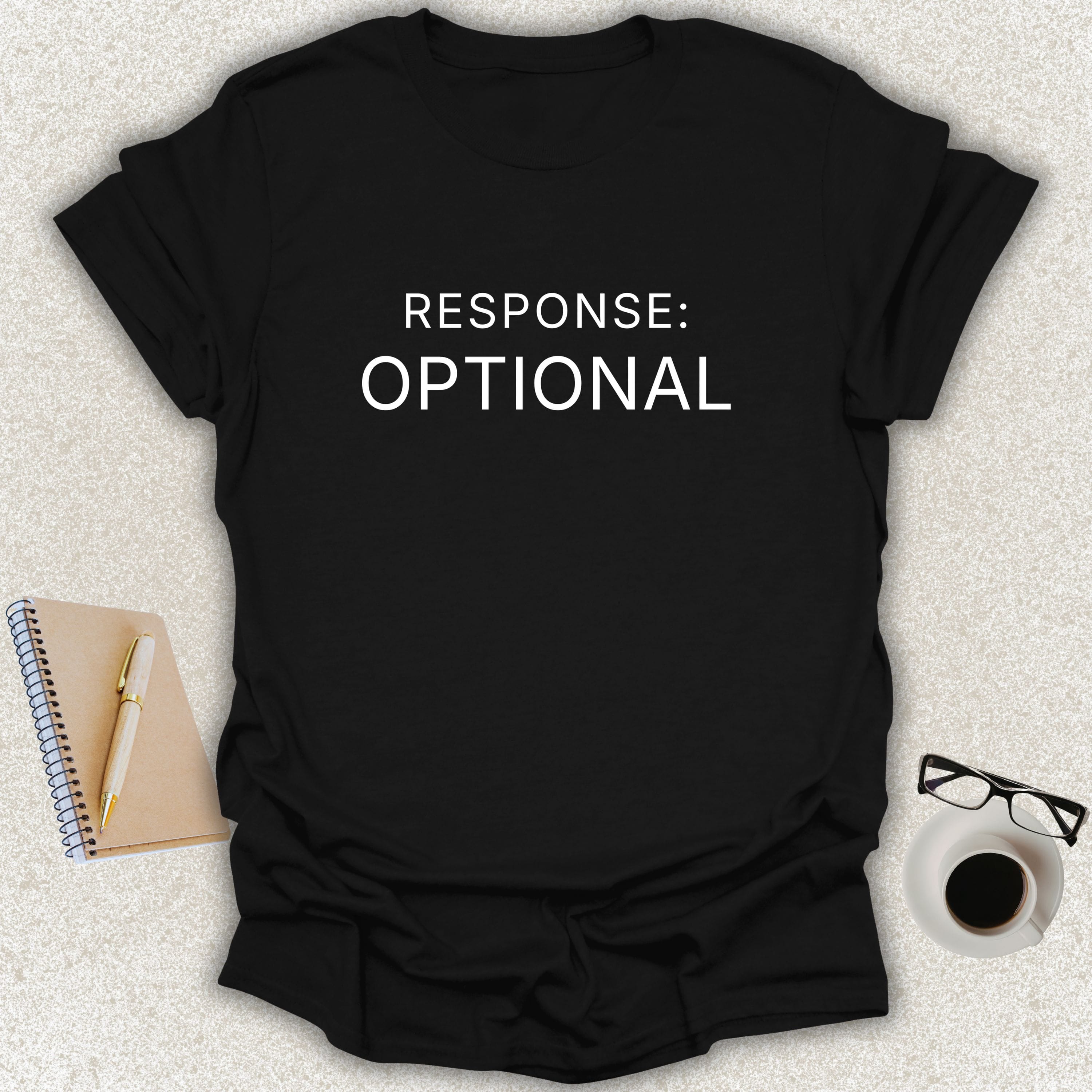 RESPONSE OPTIONAL Core minimalist typography t-shirt on black shirt with white typography