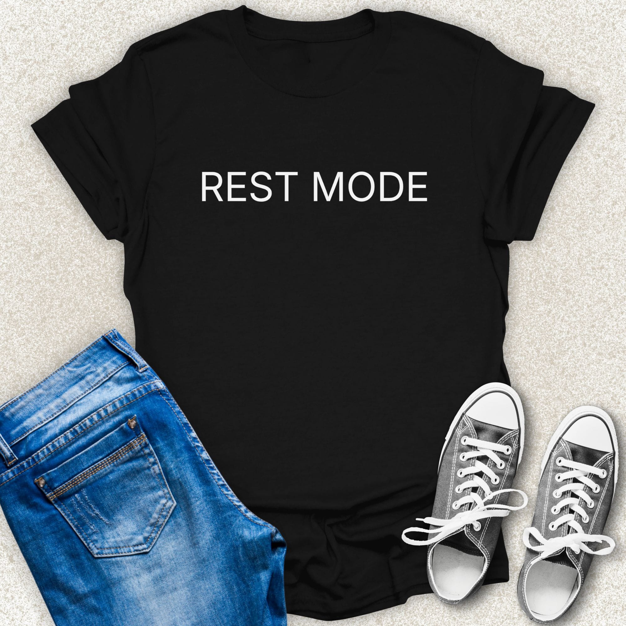Black REST MODE minimalist typography t-shirt by Low Signal.