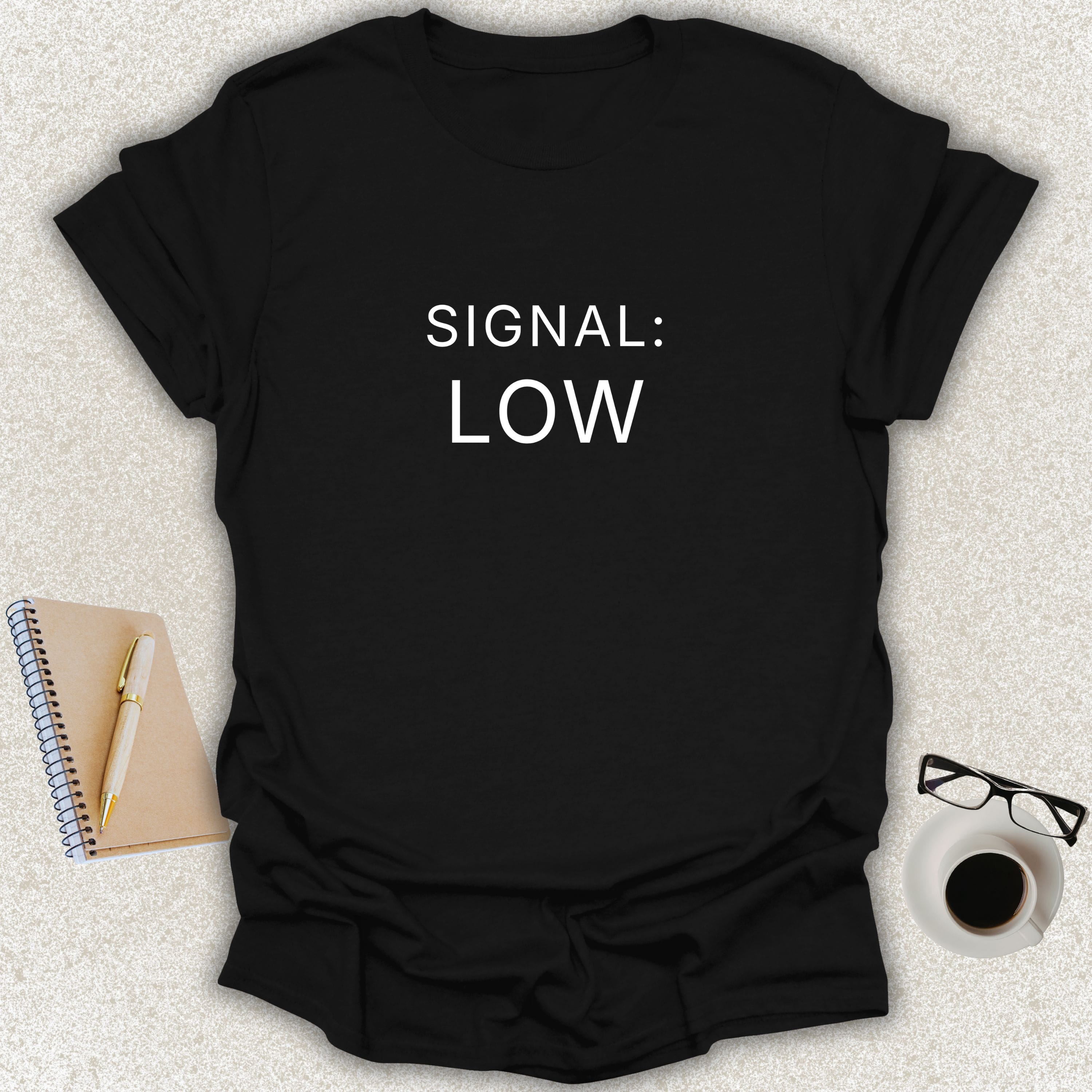 SIGNAL LOW Core minimalist typography t-shirt on black shirt with white typography