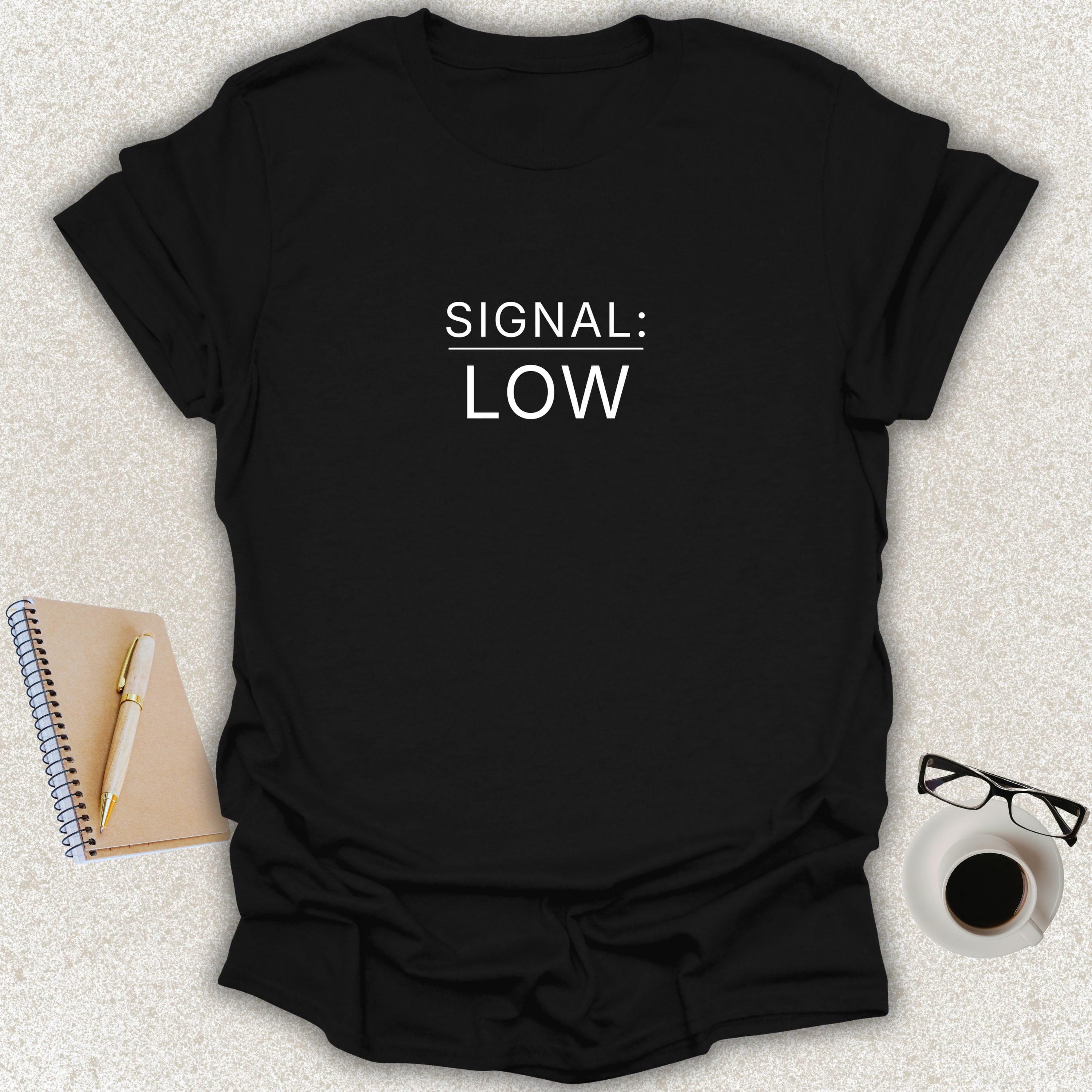 Low Signal SIGNAL: LOW minimalist typography t-shirt on black Gildan Softstyle tee