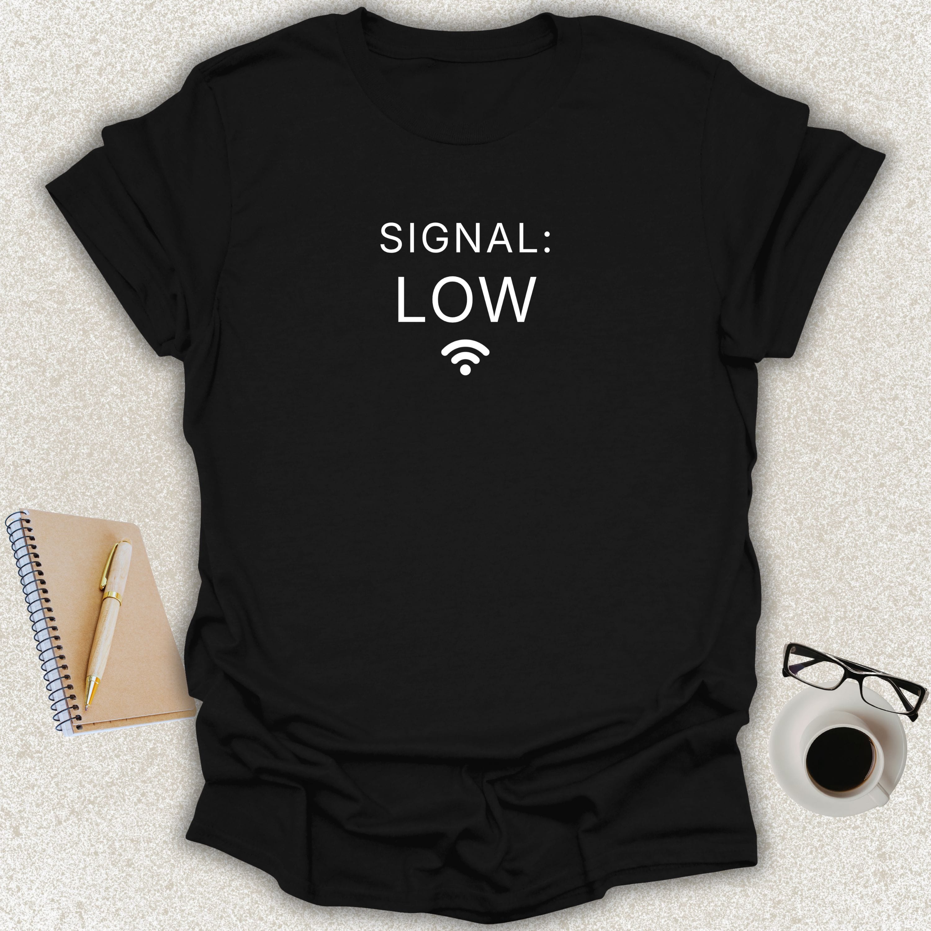 Low Signal SIGNAL: LOW minimalist typography t-shirt with weak Wi-Fi icon on black Gildan Softstyle tee