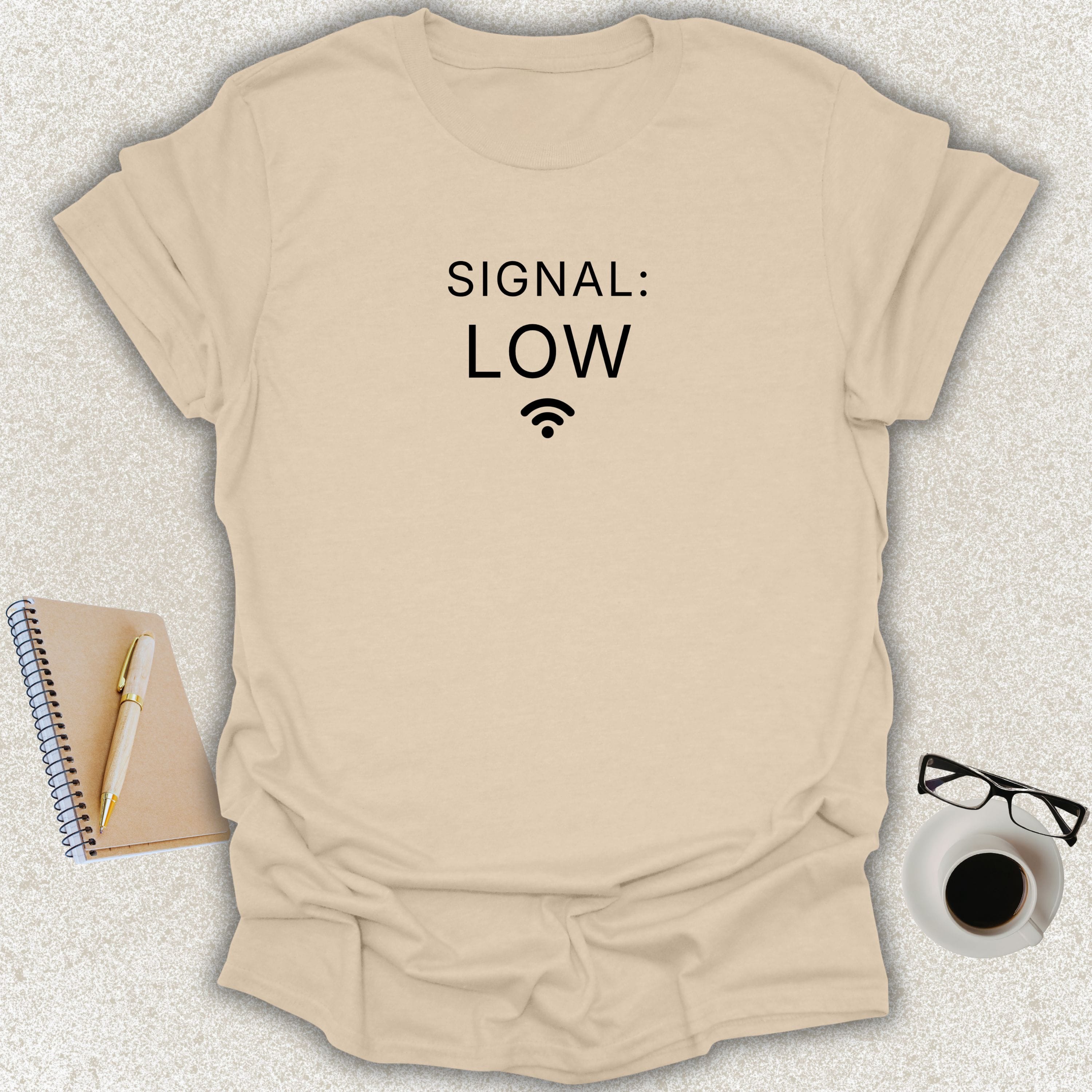 Low Signal SIGNAL: LOW minimalist typography t-shirt with weak Wi-Fi icon on sand Gildan Softstyle tee