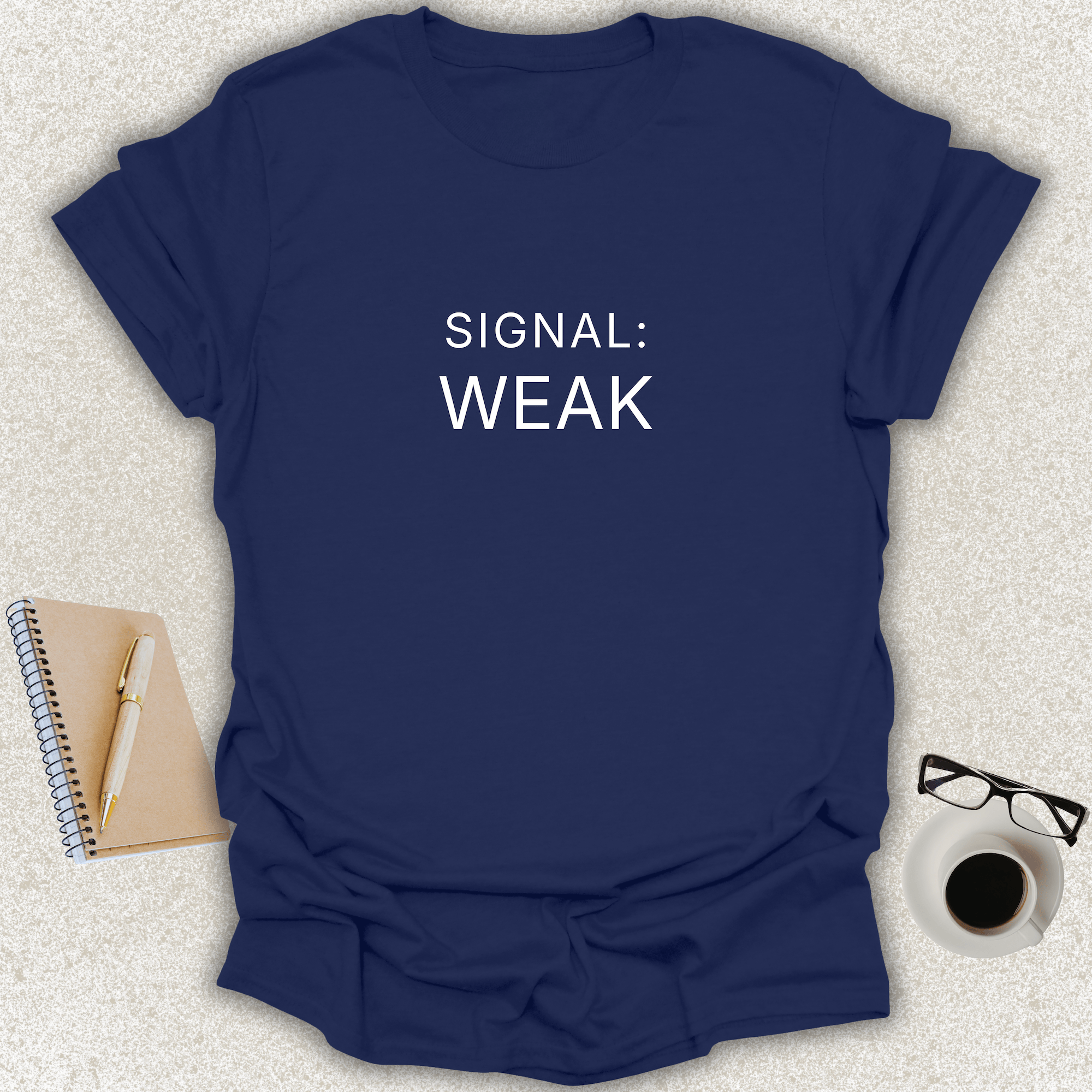 SIGNAL WEAK Core minimalist typography t-shirt on navy shirt with white typography