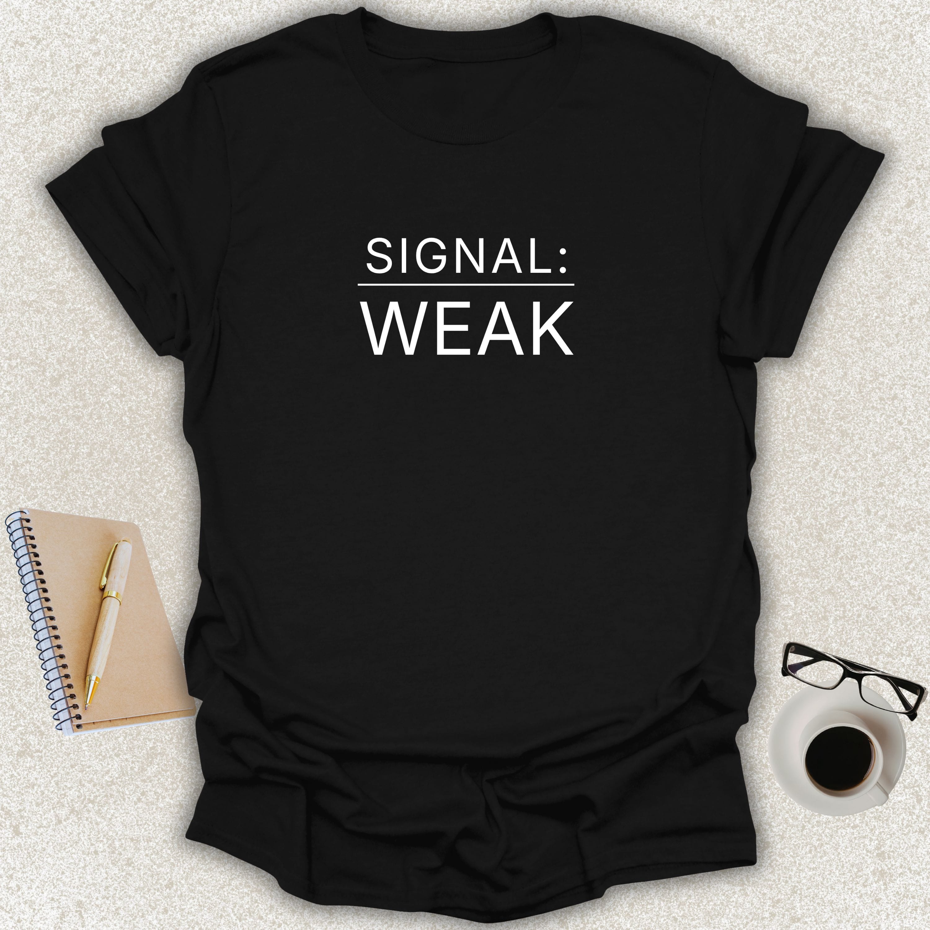 Low Signal SIGNAL: WEAK minimalist typography t-shirt on black Gildan Softstyle tee