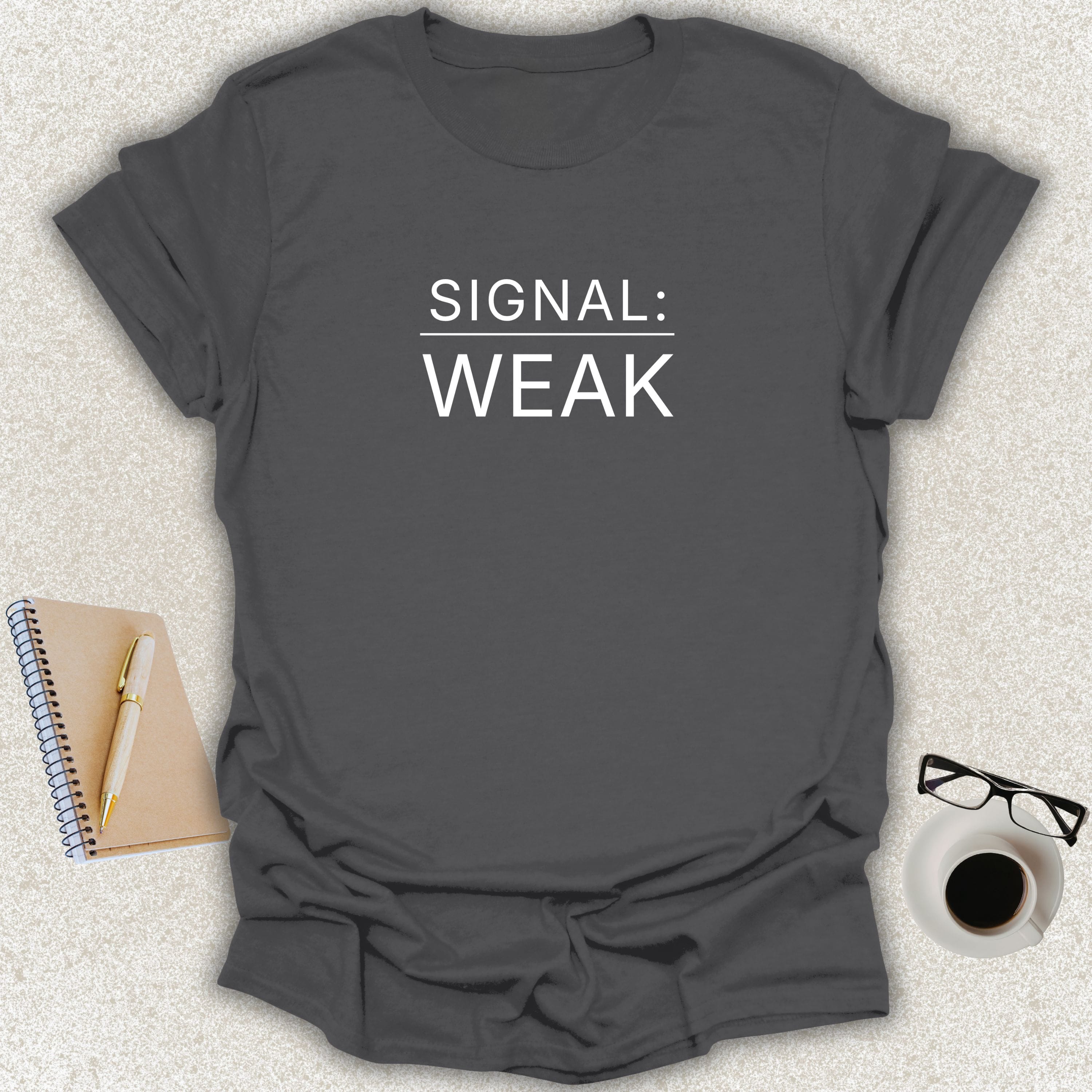 Low Signal SIGNAL: WEAK minimalist typography t-shirt on charcoal Gildan Softstyle tee