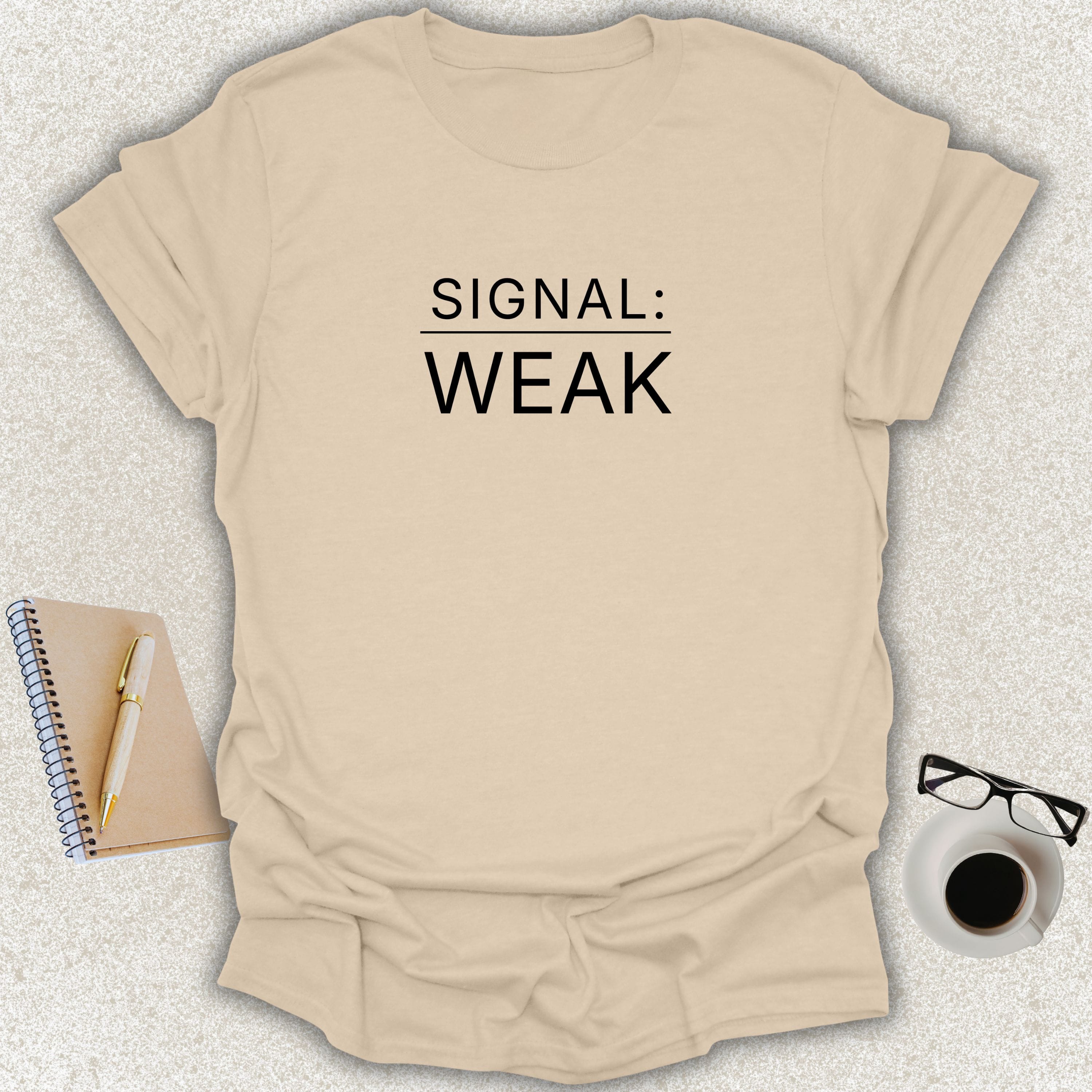 Low Signal SIGNAL: WEAK minimalist typography t-shirt on sand Gildan Softstyle tee