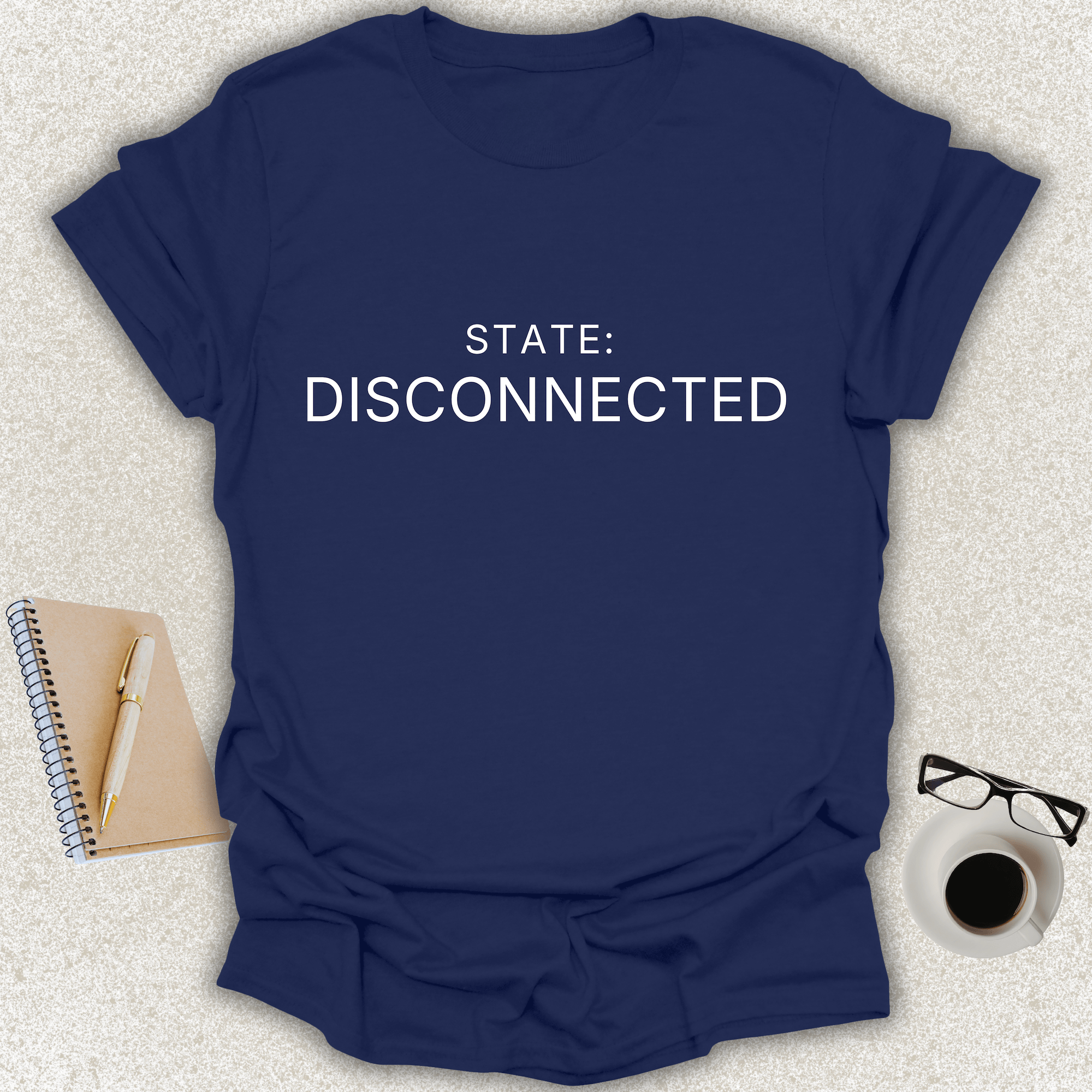 STATE DISCONNECTED Core minimalist typography t-shirt on navy shirt with white typography