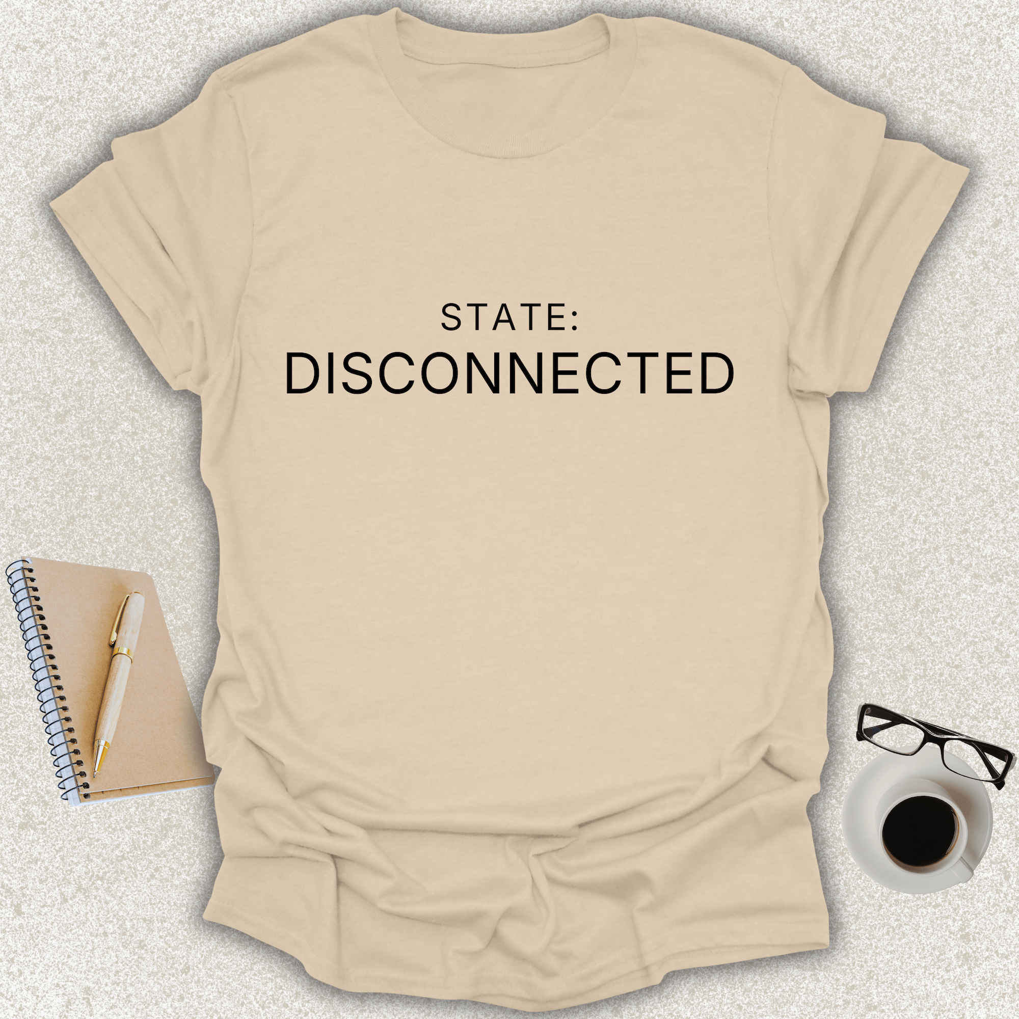 STATE DISCONNECTED Core minimalist typography t-shirt on sand shirt
