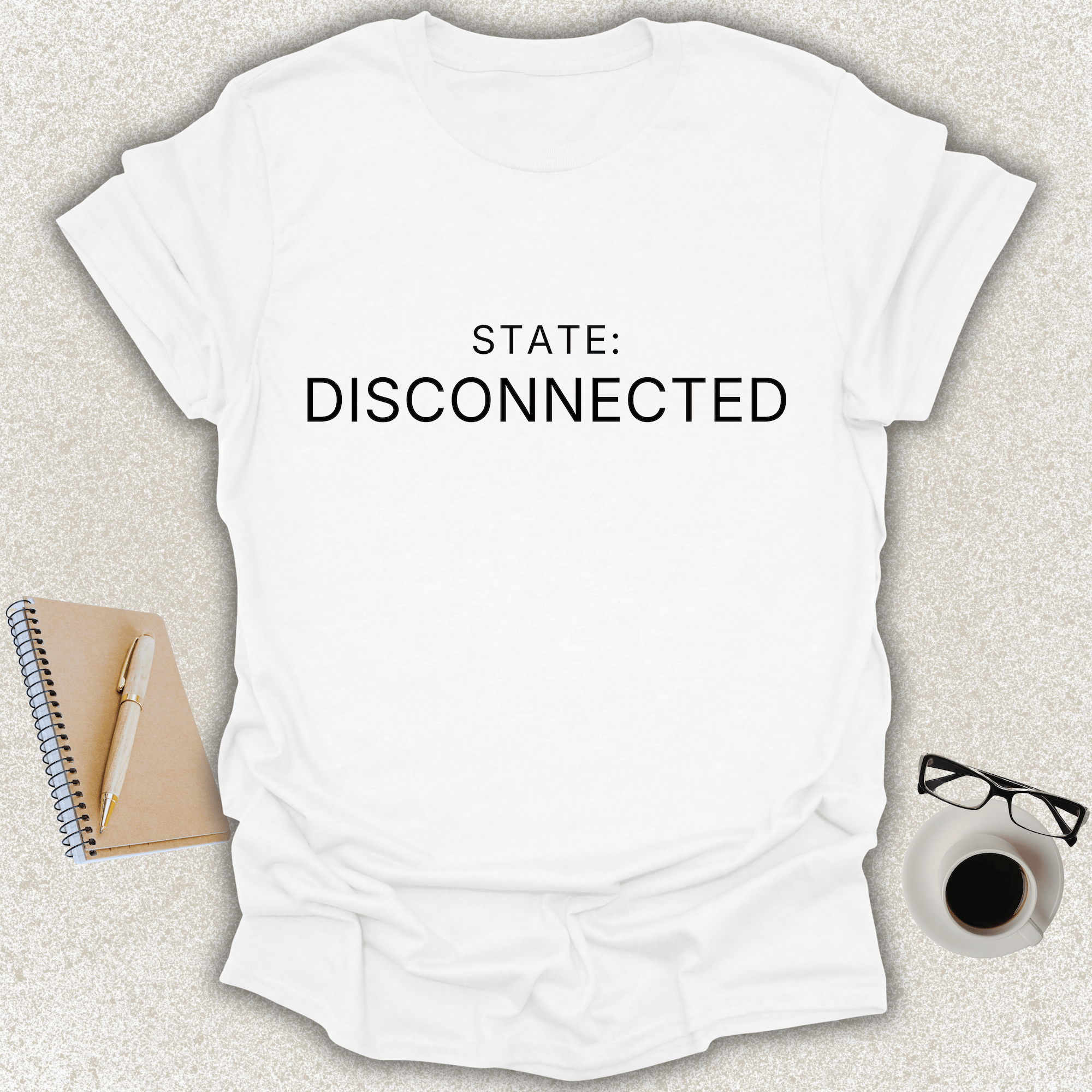STATE DISCONNECTED Core minimalist typography t-shirt on white shirt