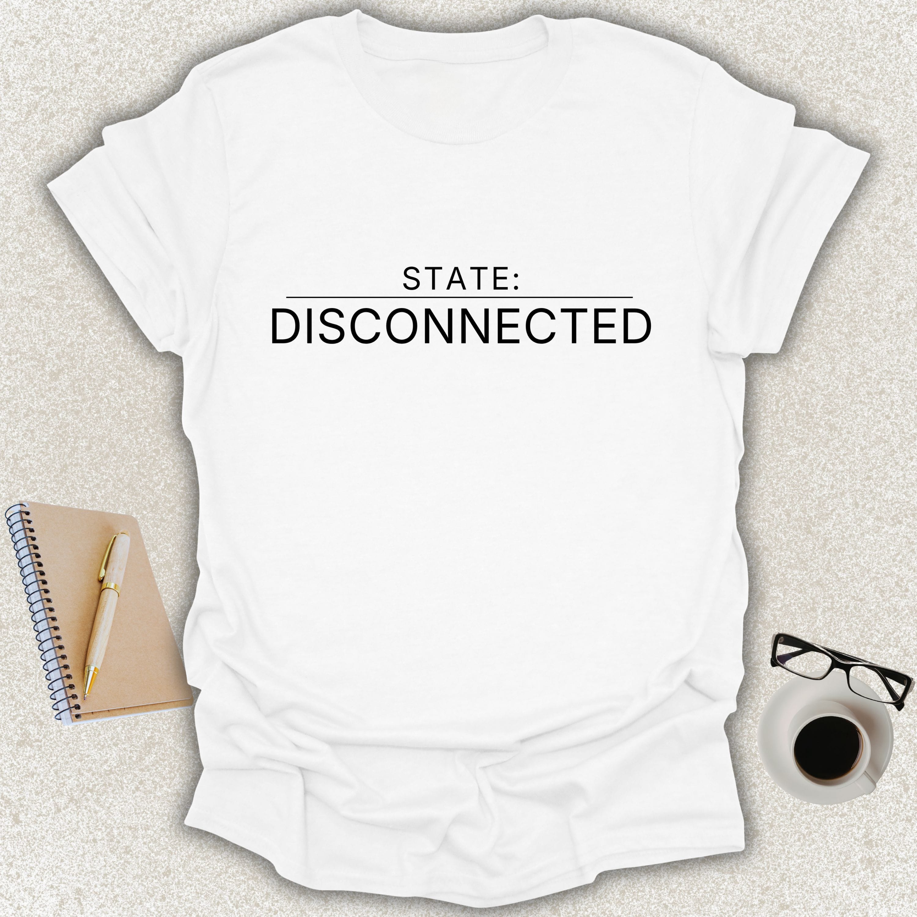 Low Signal STATE: DISCONNECTED minimalist typography t-shirt on white Gildan Softstyle tee